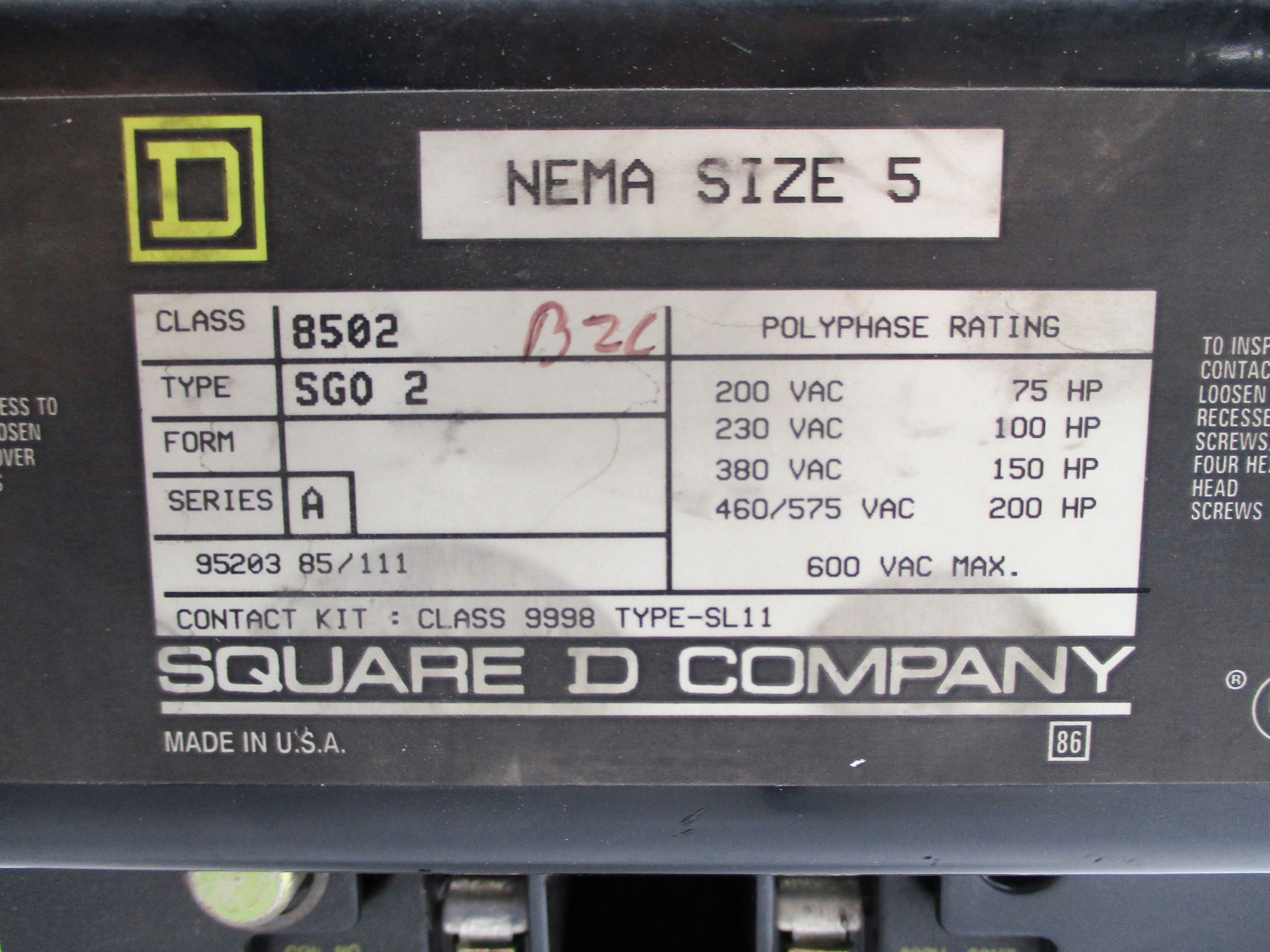 SQUARE D 8502SGO2 SER. A 440/480V UNMP