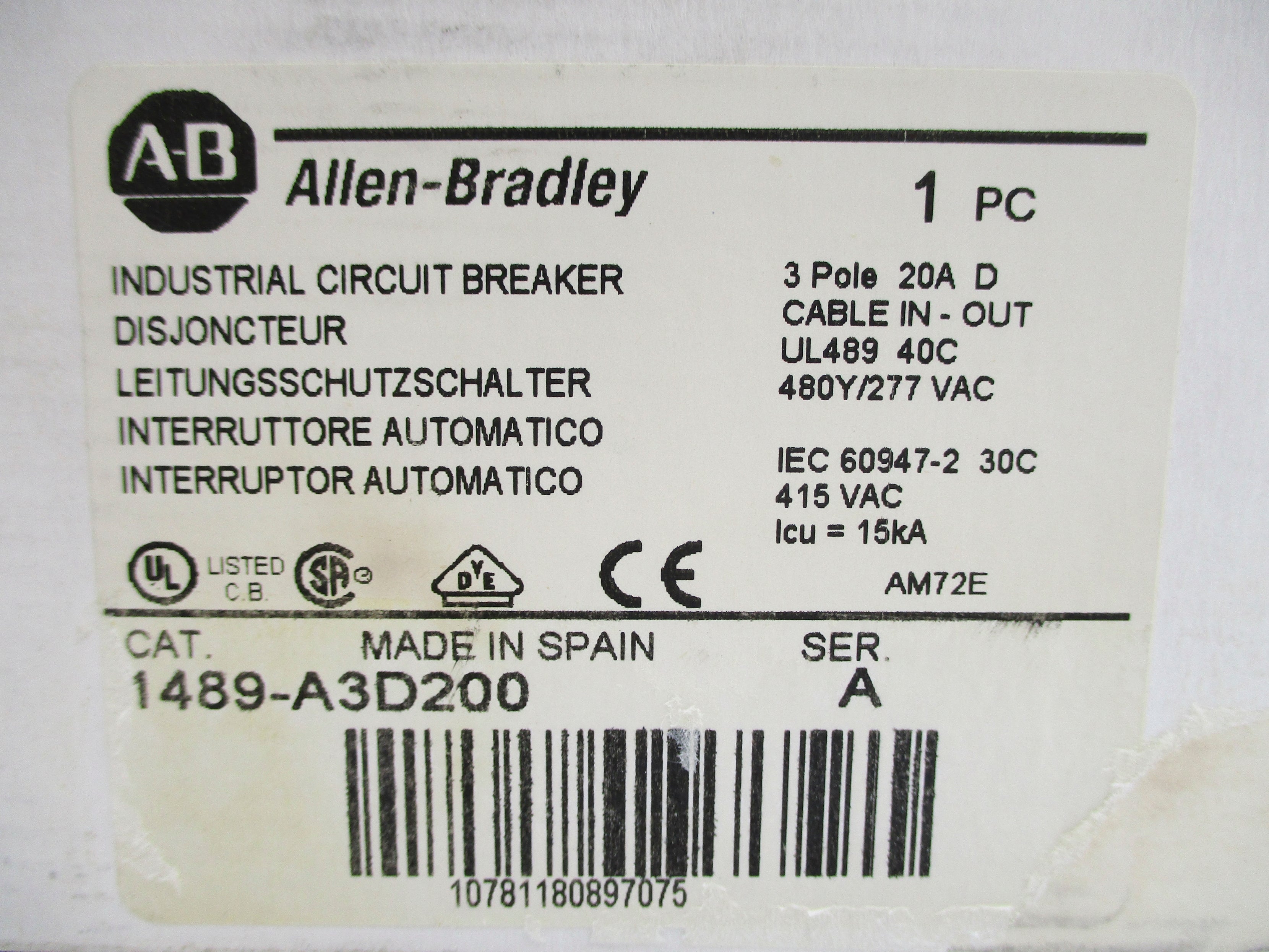 ALLEN BRADLEY 1489-A3D200 SER. A 277V 20A NSMP