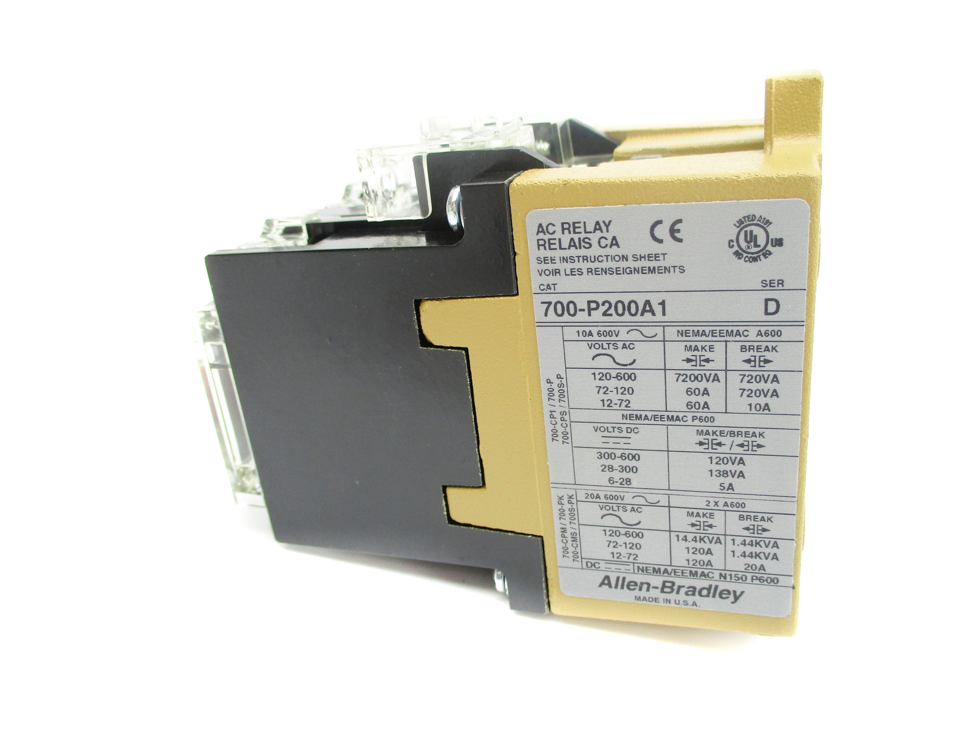 ALLEN BRADLEY 700-P200A1 SER. D 110/120V 10A (BR/WH) NSMP