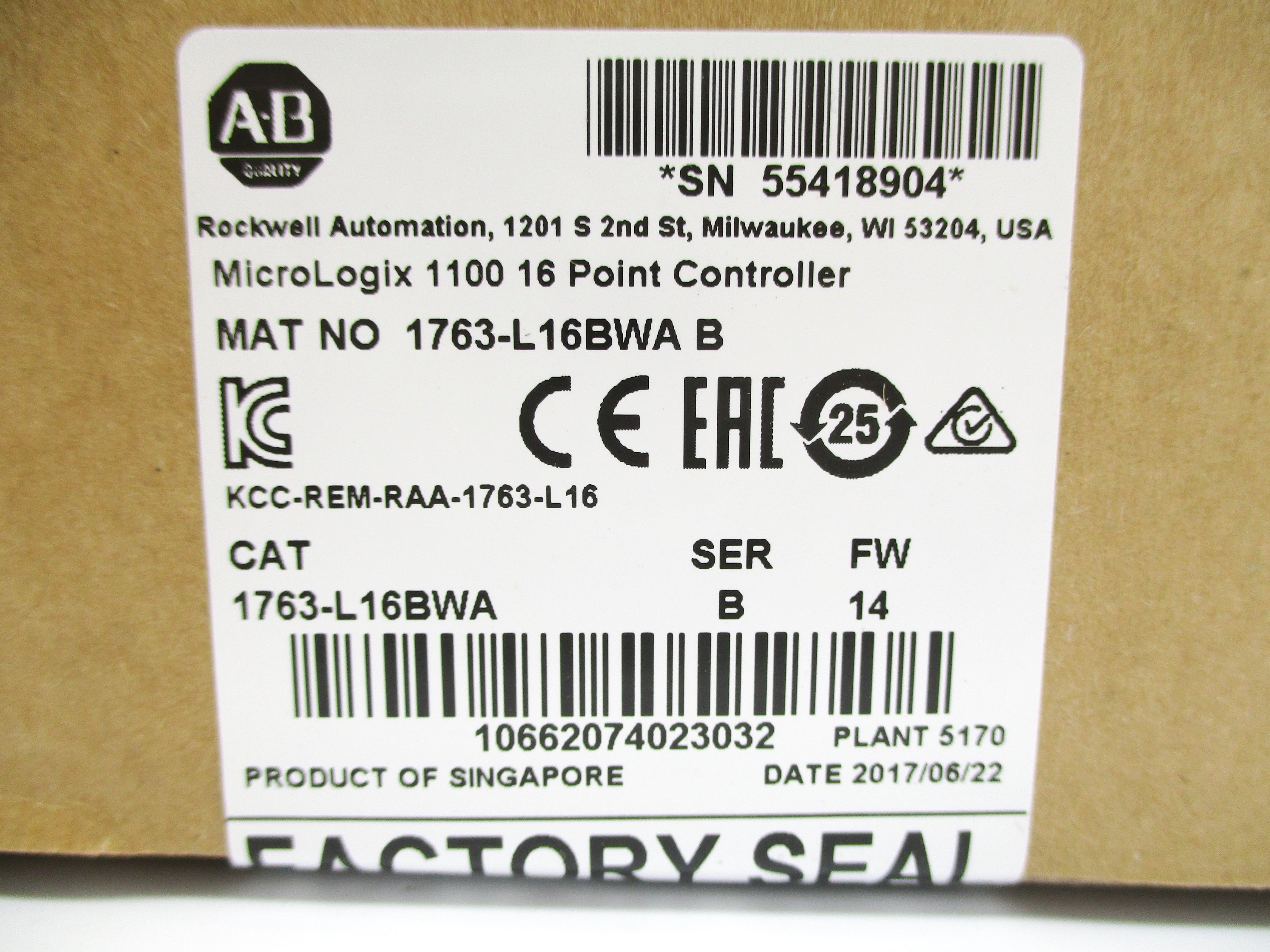 ALLEN BRADLEY 1763-L16BWA SER. B F/W 14 DATE: 2017 NSFS