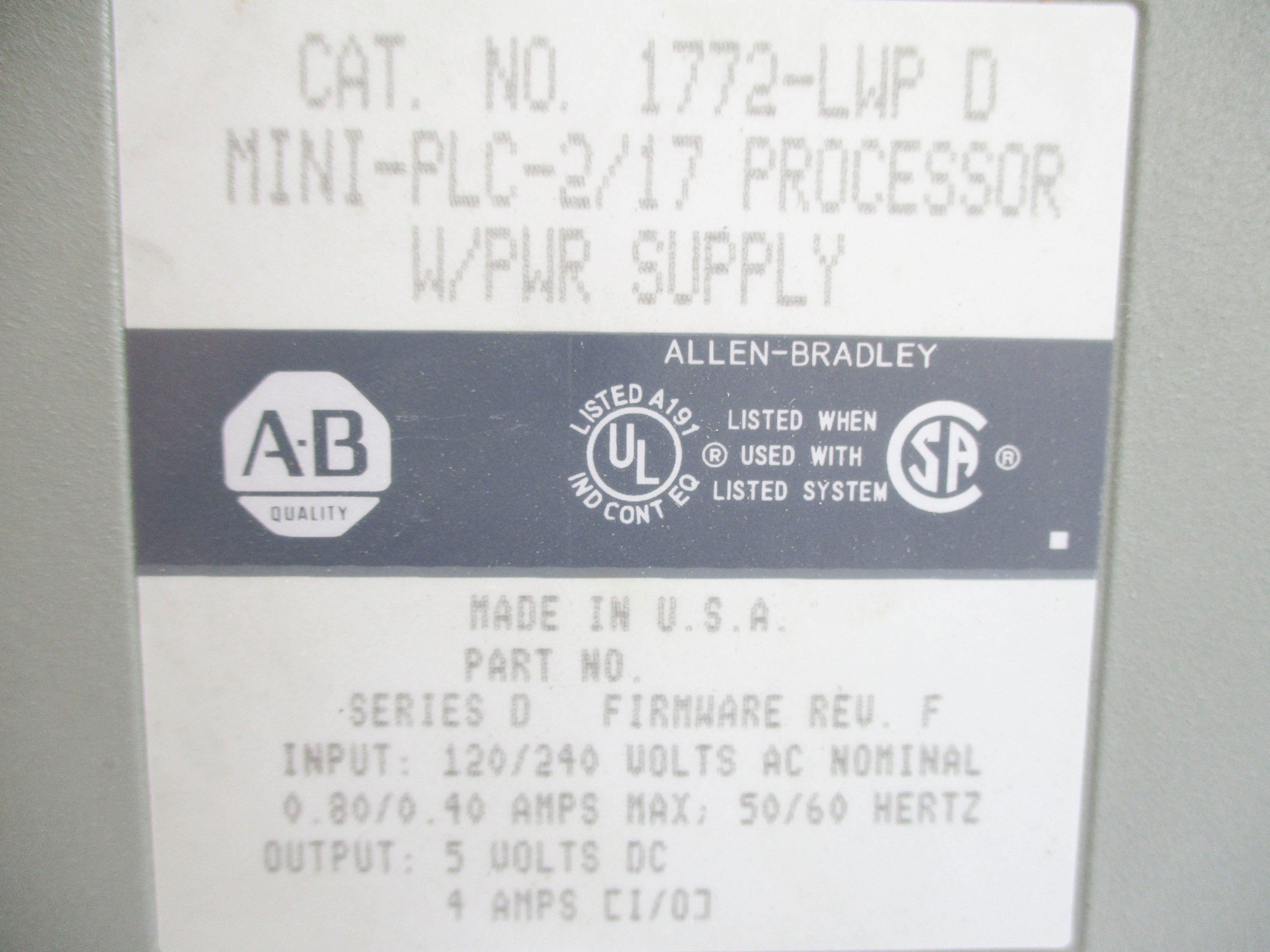 ALLEN BRADLEY 1772-LWP SER. D F/W F (NO KEY) UNMP