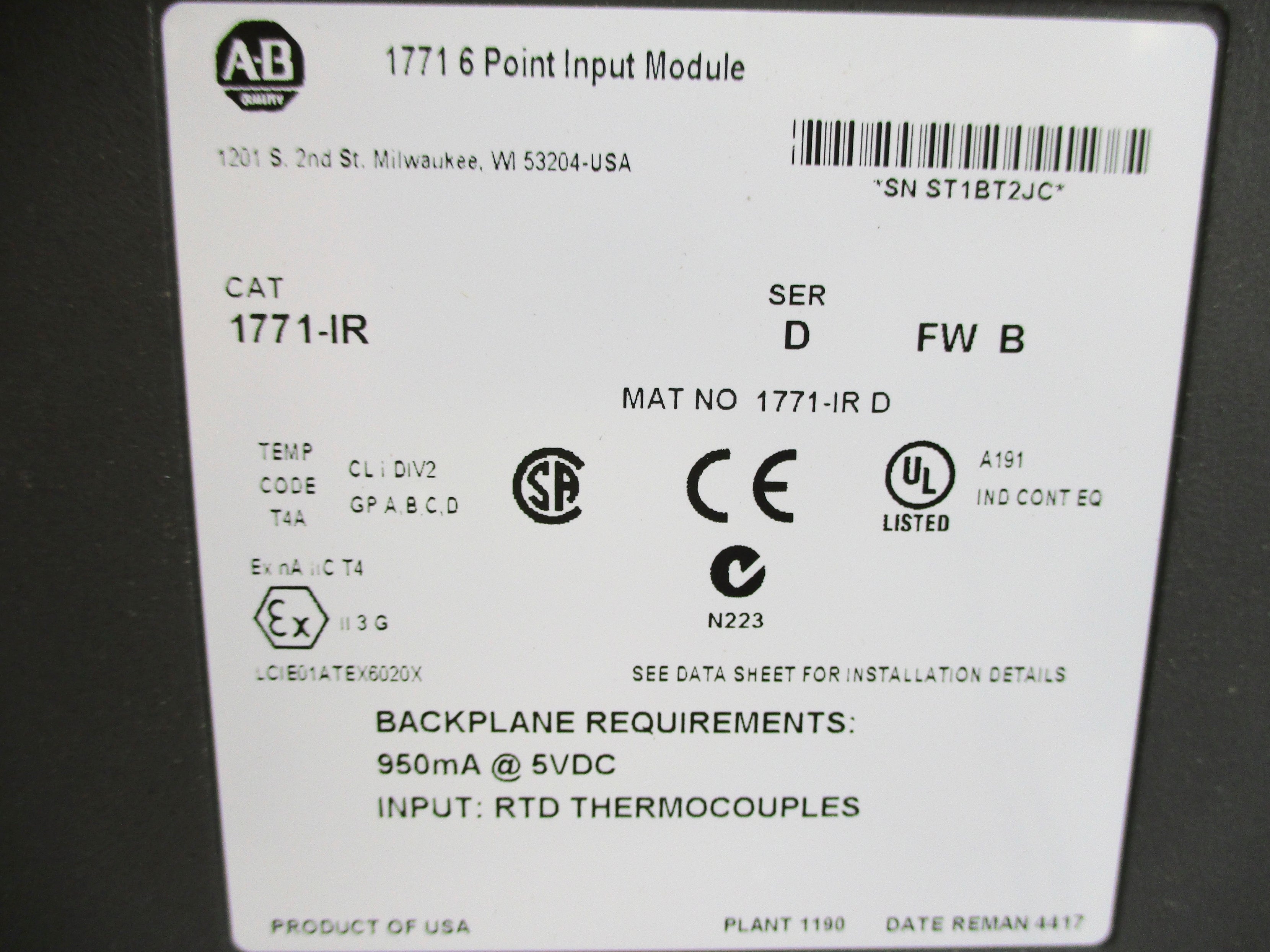 ALLEN BRADLEY 1771-IR SER. D F/W B UNMP
