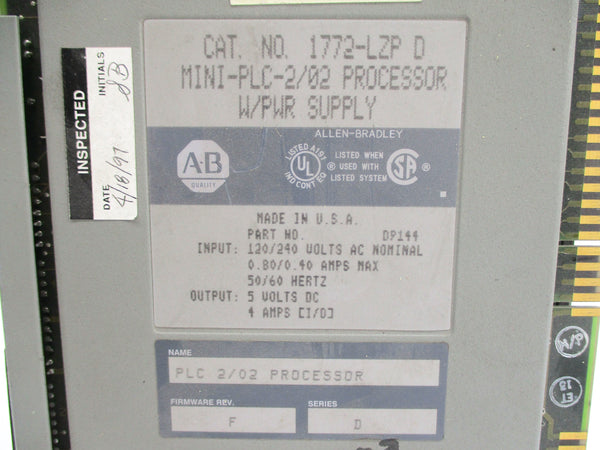 ALLEN BRADLEY 1772-LZP SER. D F/W F (NO KEY) UNMP