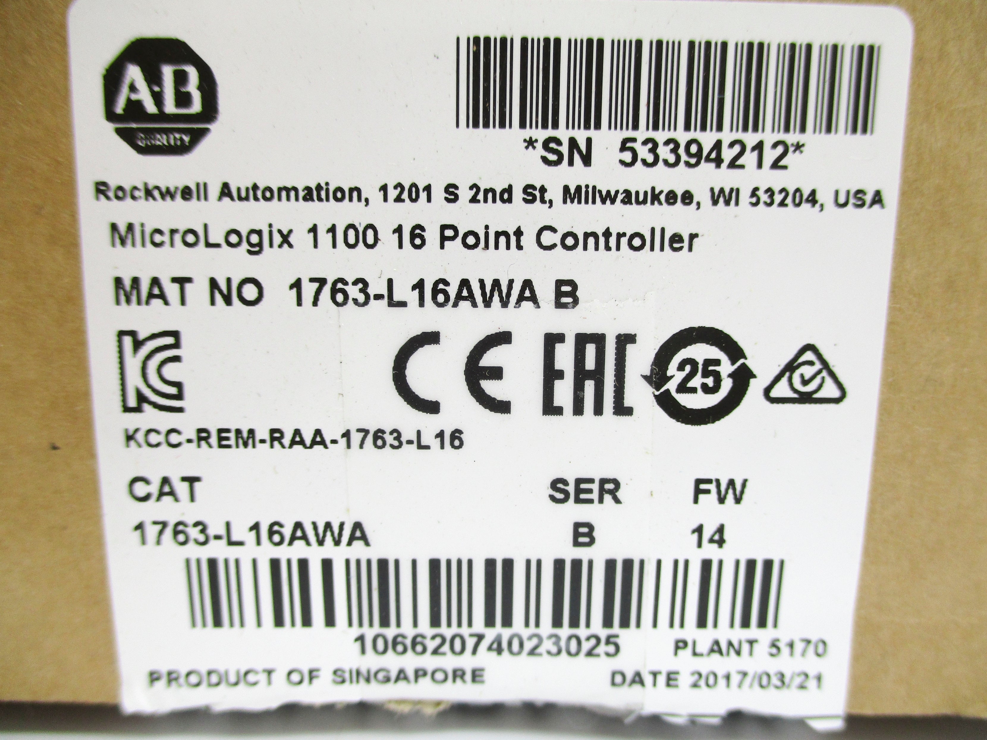 ALLEN BRADLEY 1763-L16AWA SER. B F/W 14 NSMP