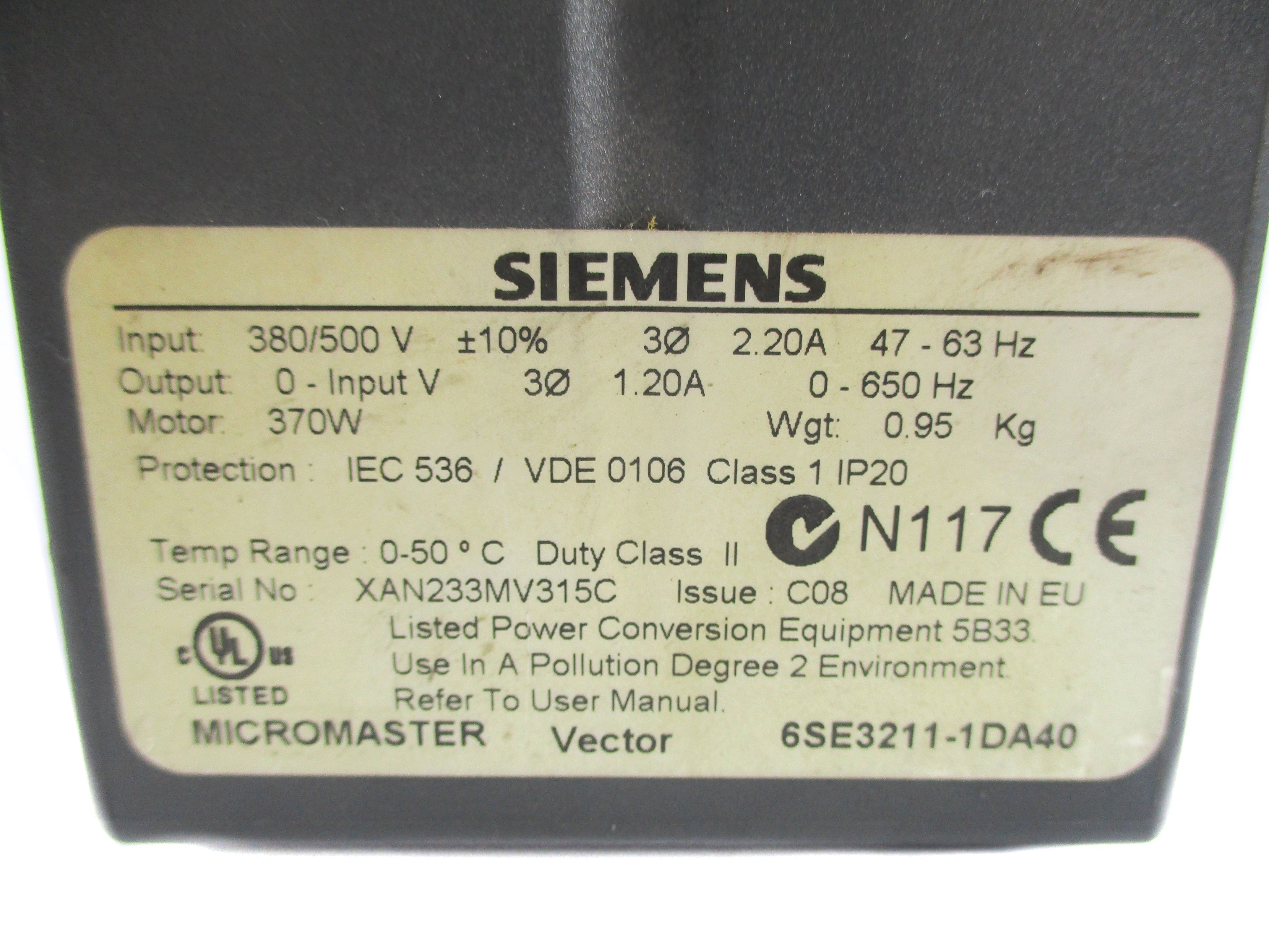 SIEMENS 6SE3211-1DA40 (AS PICTURED) UNMP