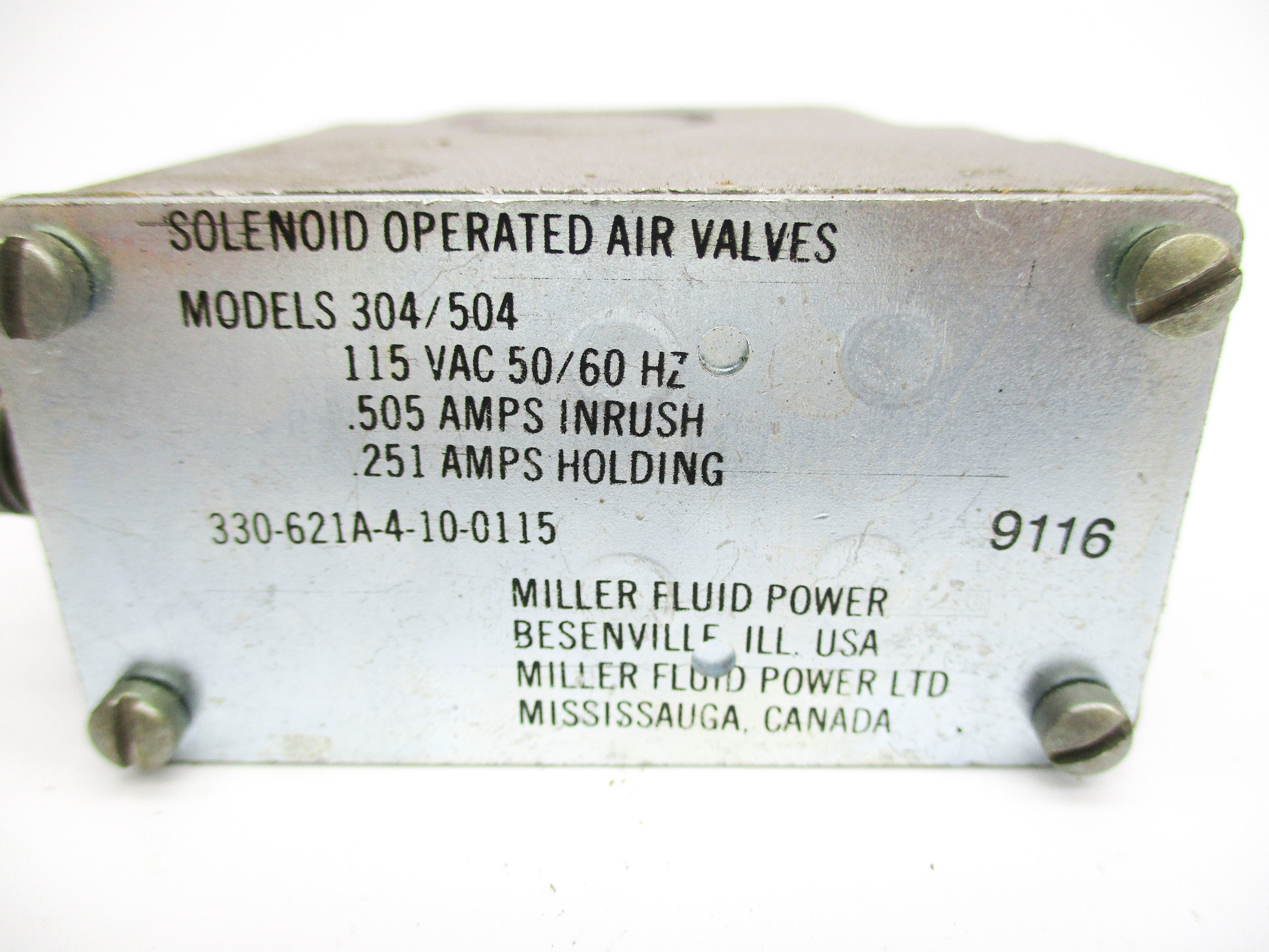 MILLER FLUID POWER 330-621A-4-10-0115 115VAC UNMP