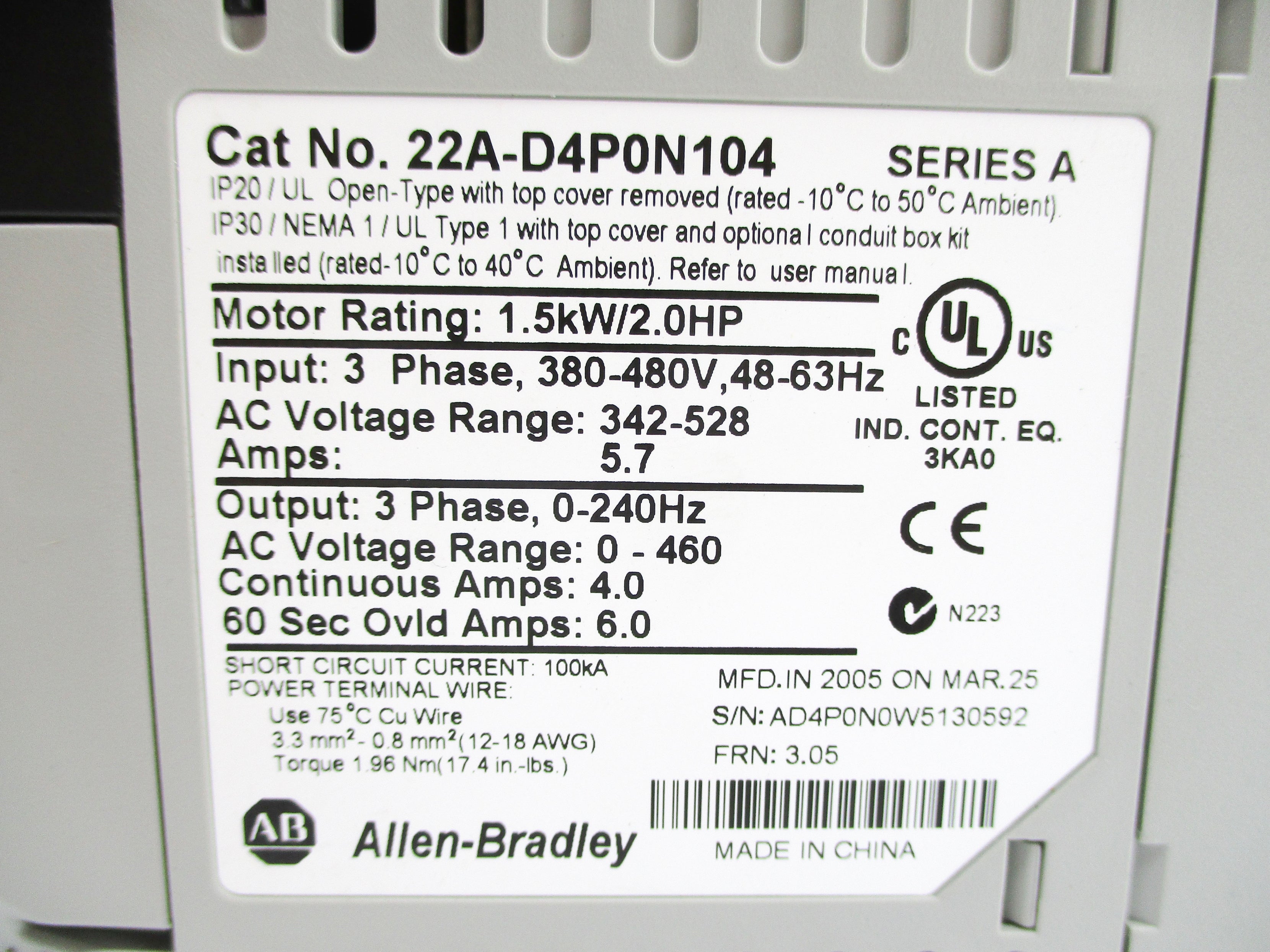 ALLEN BRADLEY 22A-D4P0N104 SER. A F/W 3.05 NSNP