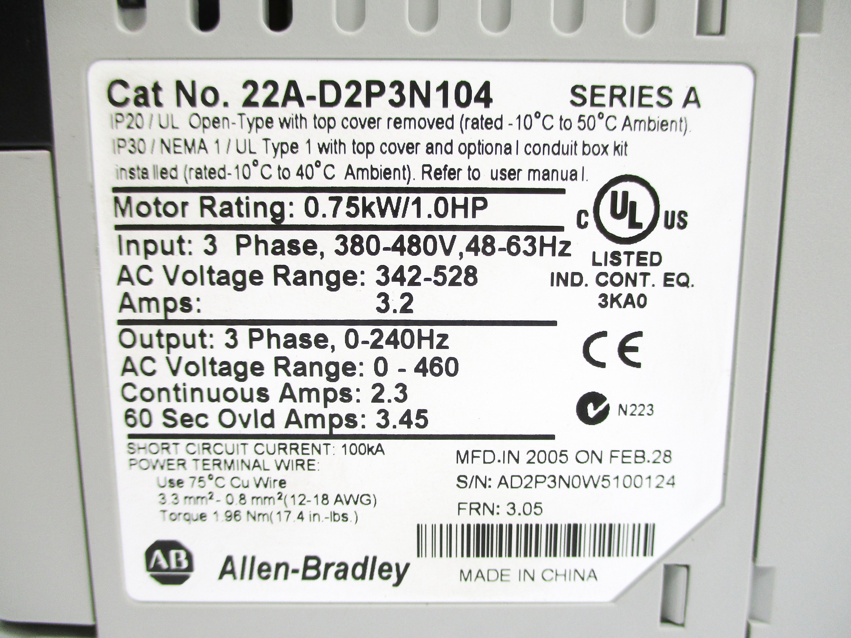 ALLEN BRADLEY 22A-D2P3N104 SER. A F/W 3.05 NSNP
