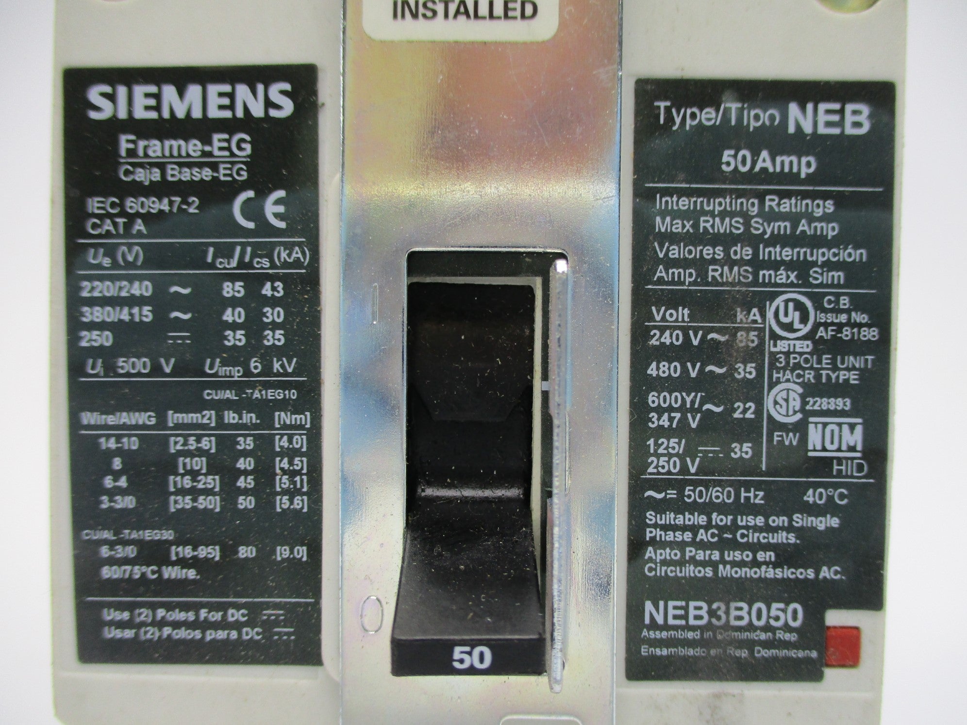 SIEMENS NEB3B050 50A 480V UNMP