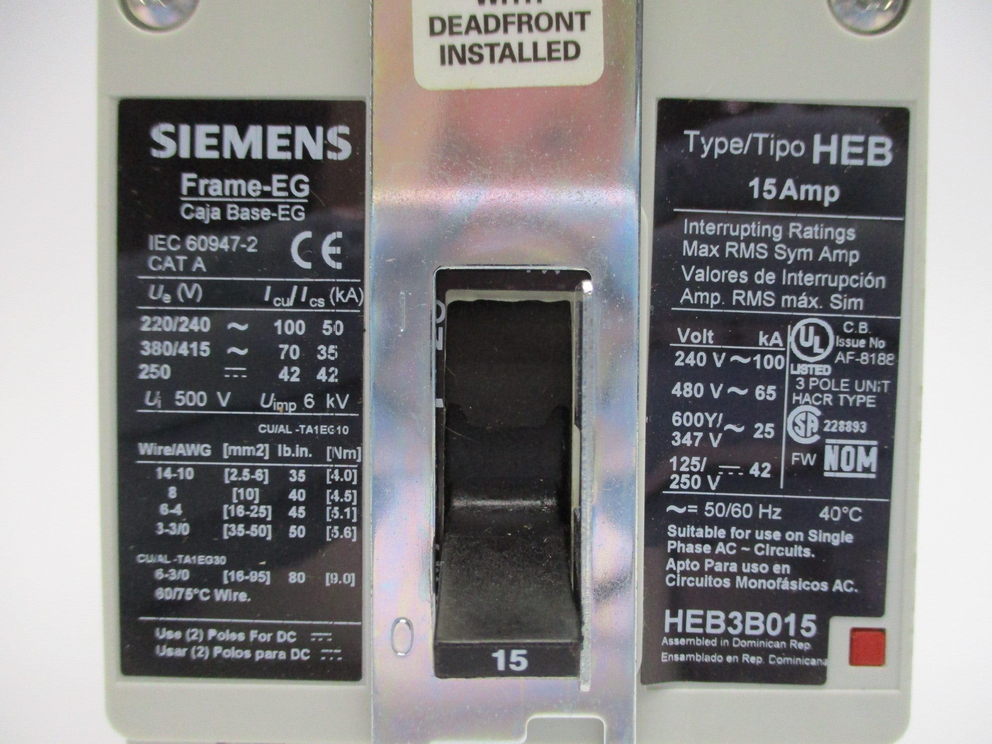 SIEMENS HEB3B015 15A 600V NSNP
