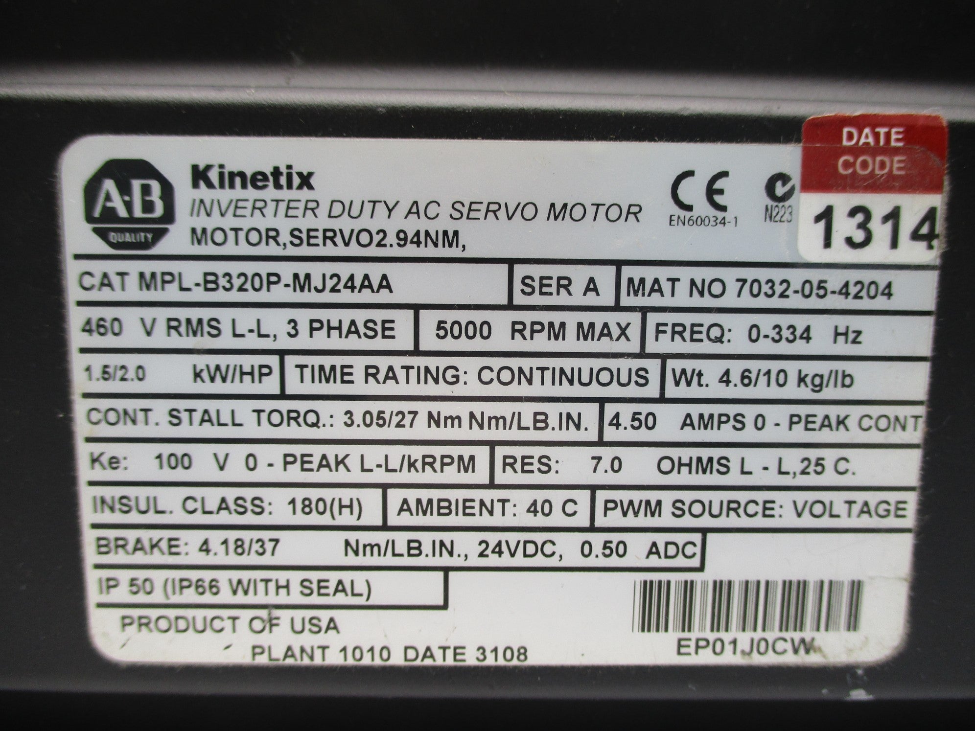 ALLEN BRADLEY MPL-B320P-MJ24AA SER. A UNMP