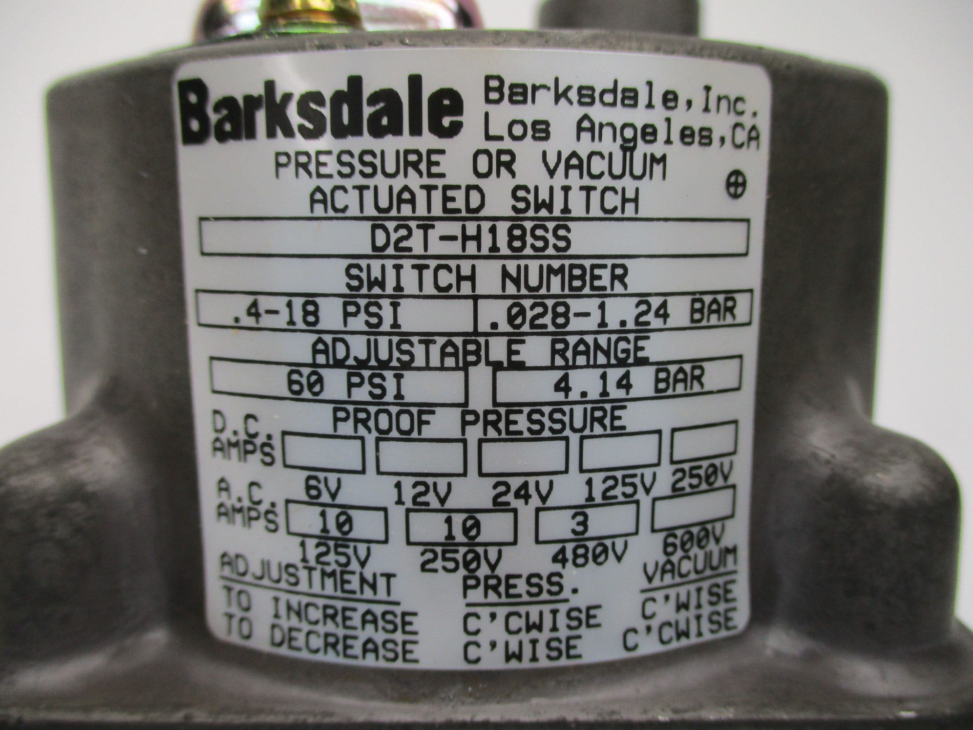 BARKSDALE D2T-H18SS .4-18PSI NSNP