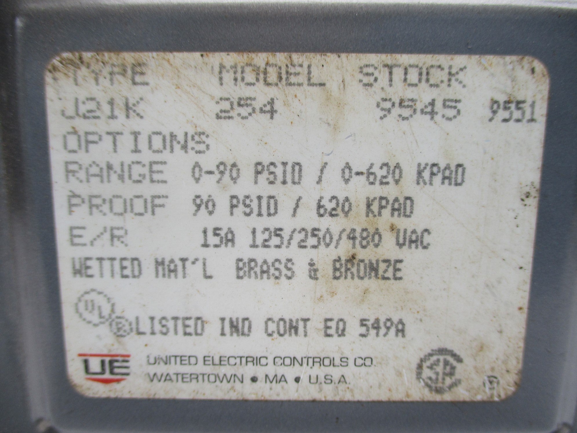 UNITED ELECTRIC CONTROLS J21K-254 90PSID NSNP