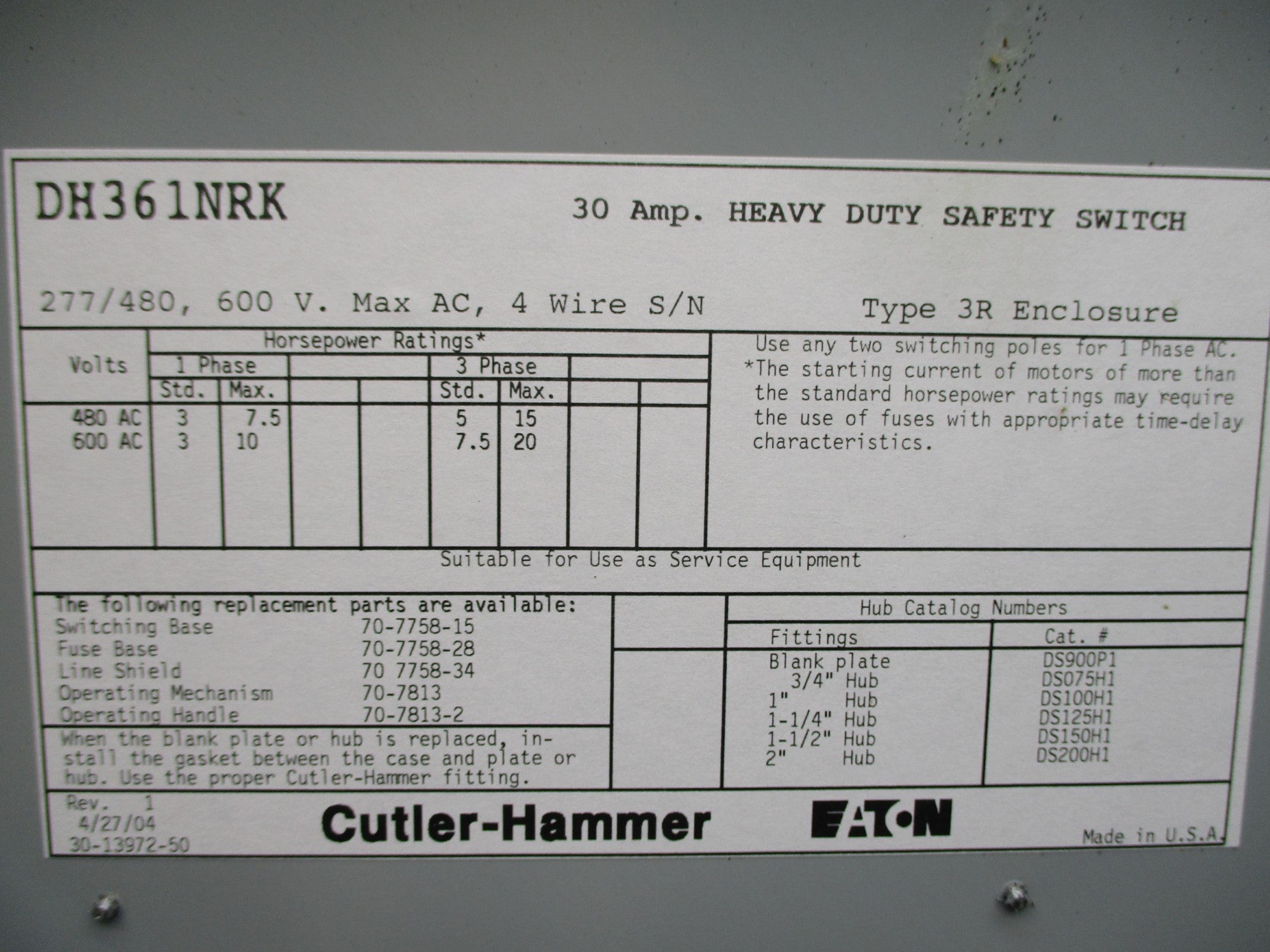 CUTLER HAMMER DH361NRK NSNP