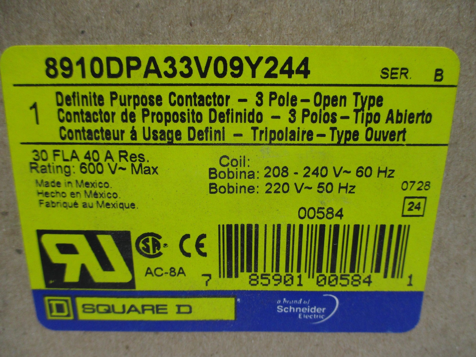SQUARE D 8910DPA33V09Y244 SER. B 220/240V NSMP