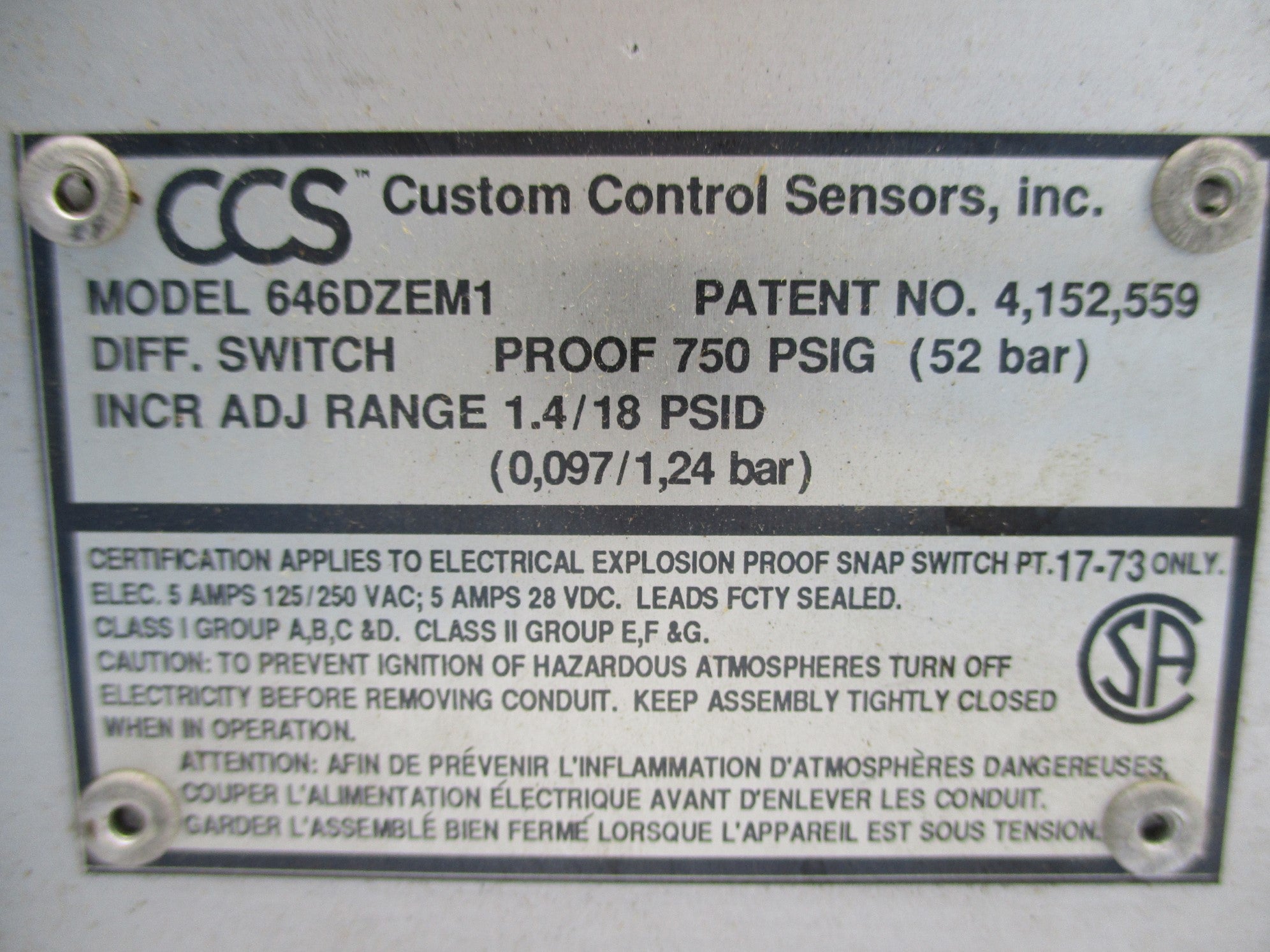 CUSTOM CONTROL SENSORS 646DZEM1 1.4/18PSID NSNP