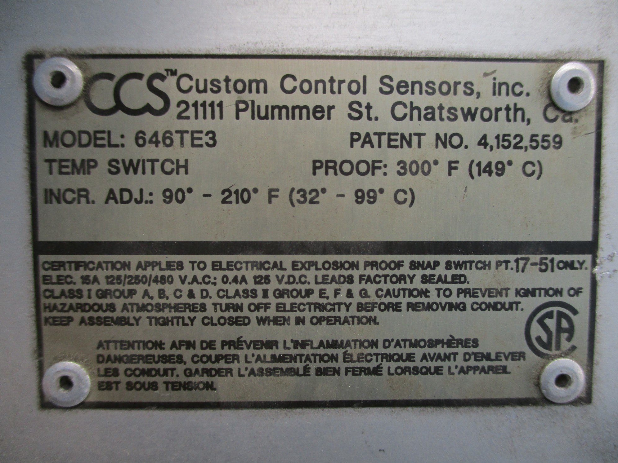 CUSTOM CONTROL SENSORS 646TE3 NSNP