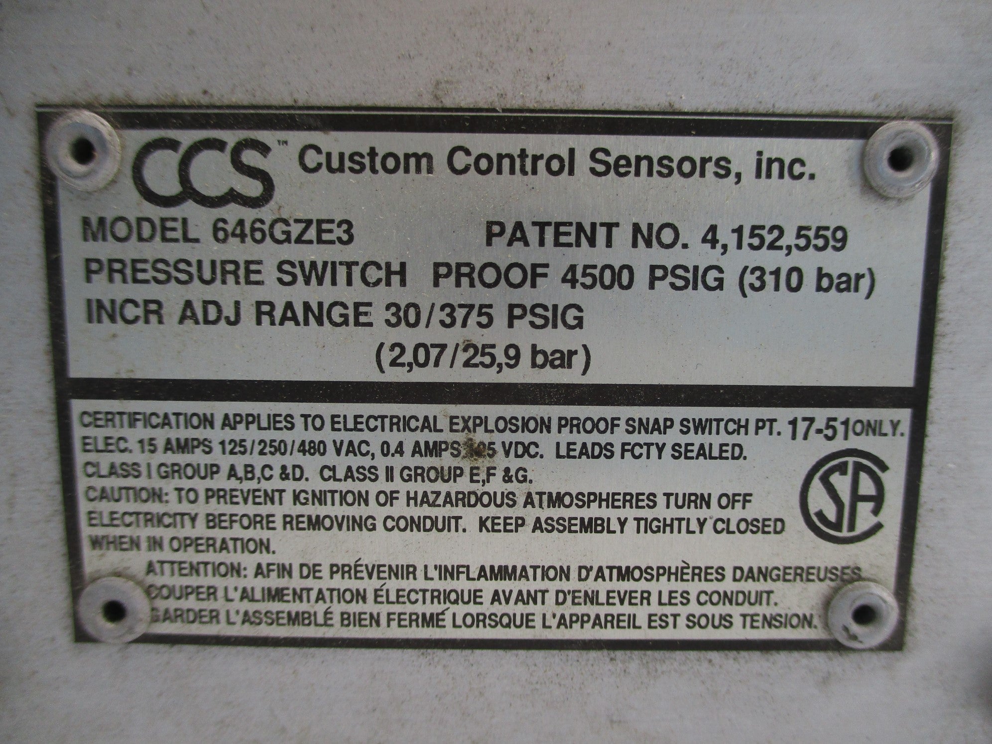 CUSTOM CONTROL SENSORS 646GZE3 30/375PSIG NSNP