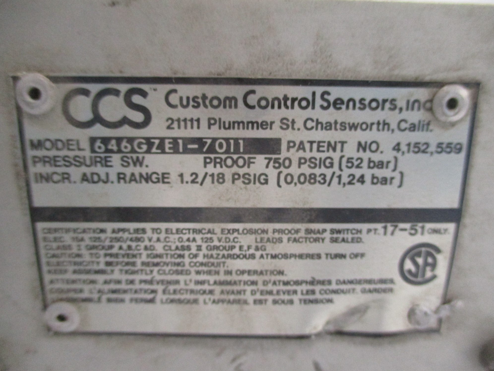 CUSTOM CONTROL SENSORS 646GZE1-7011 1.2/18PSIG UNMP
