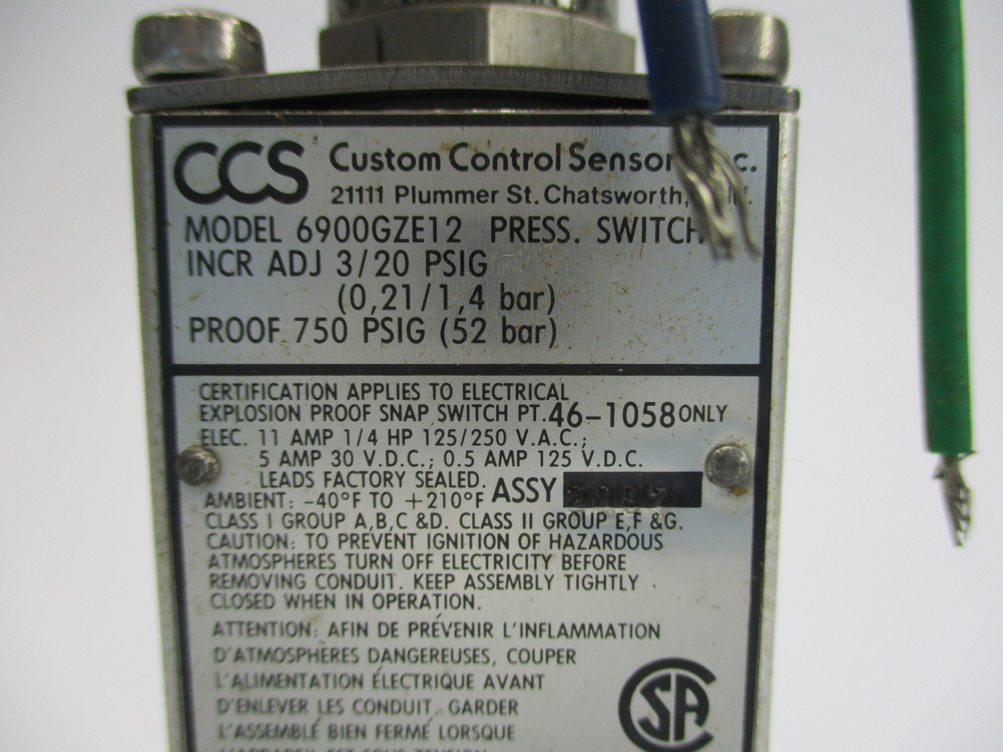 CUSTOM CONTROL SENSORS 6900GZE12 3/20PSIG NSNP