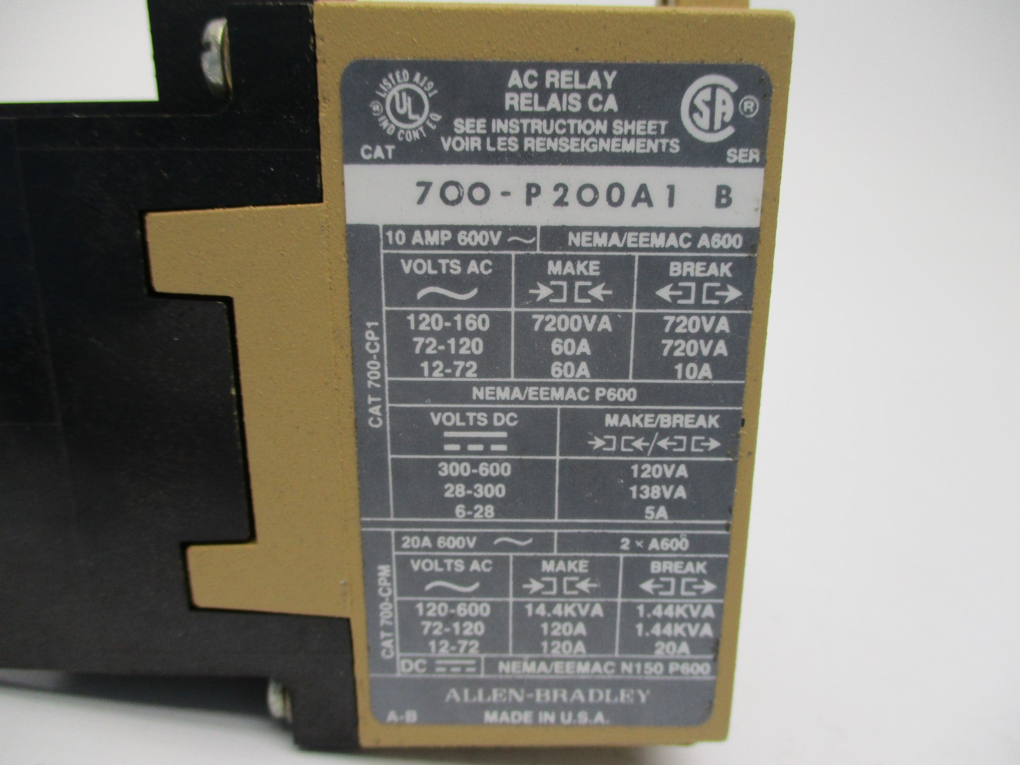 INDUSTRIAL SPARE PART 700-P200A1 SER. B 110/115-120V 60A (AS PICTURED) UNMP