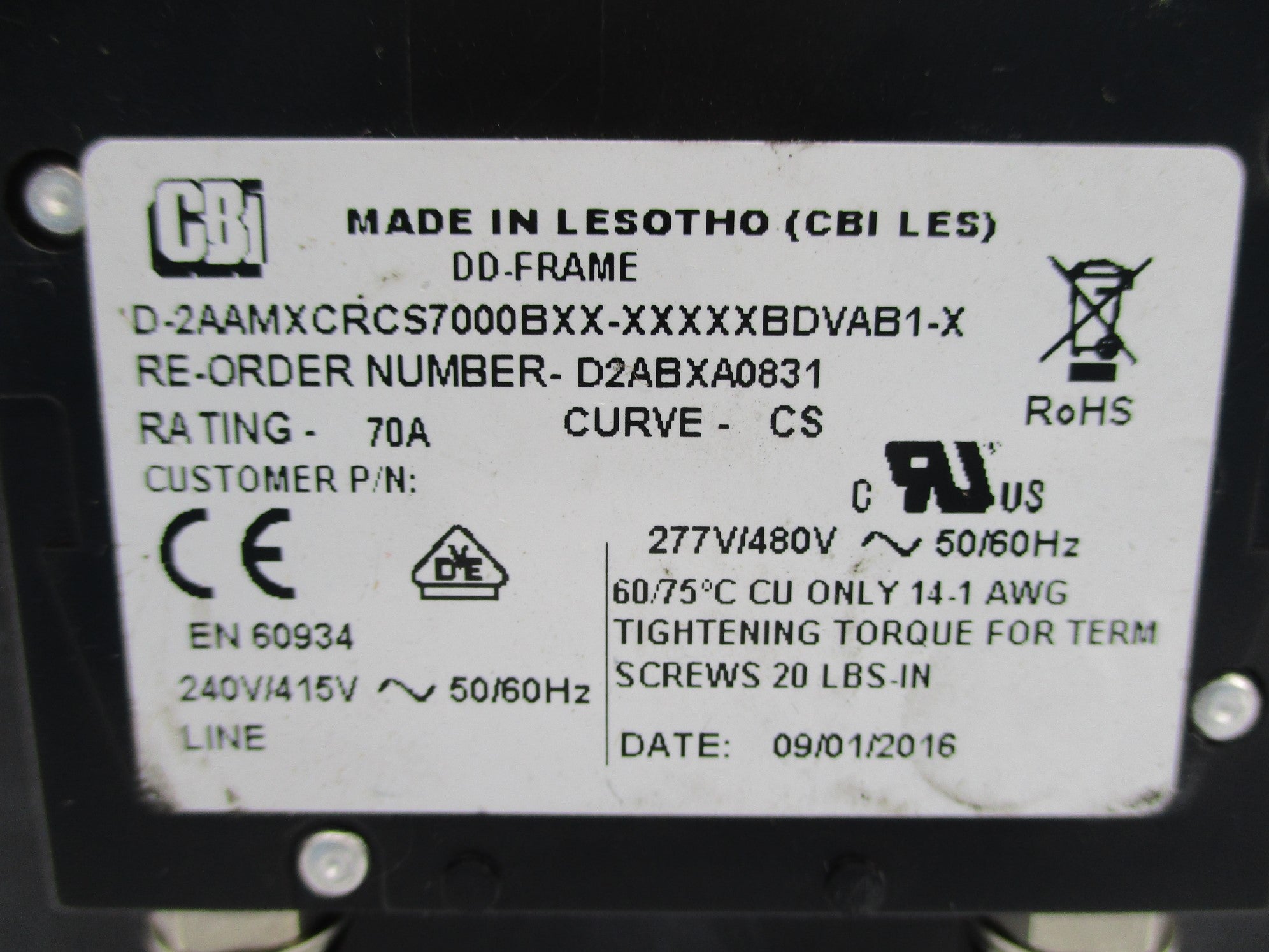 CBI D-2AAMXCRCS7000BXX-XXXXXBDVAB1-X 70A 277/480V NSNP