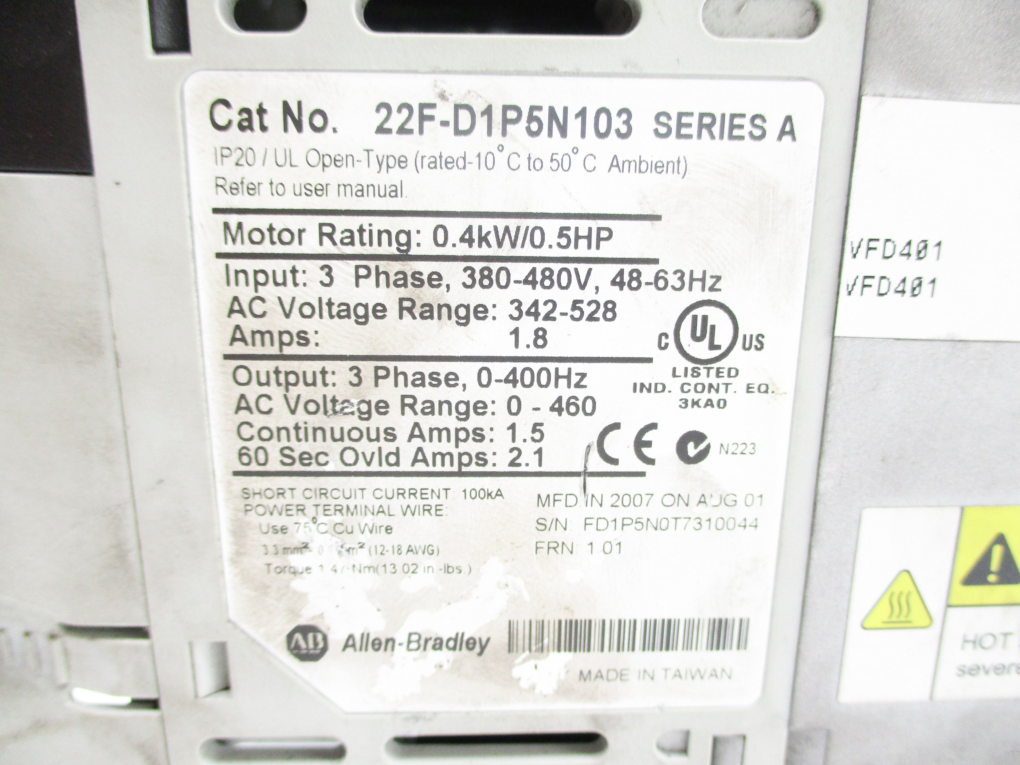 INDUSTRIAL SPARE PART 22F-D1P5N103 SER. A F/W 101 UNMP