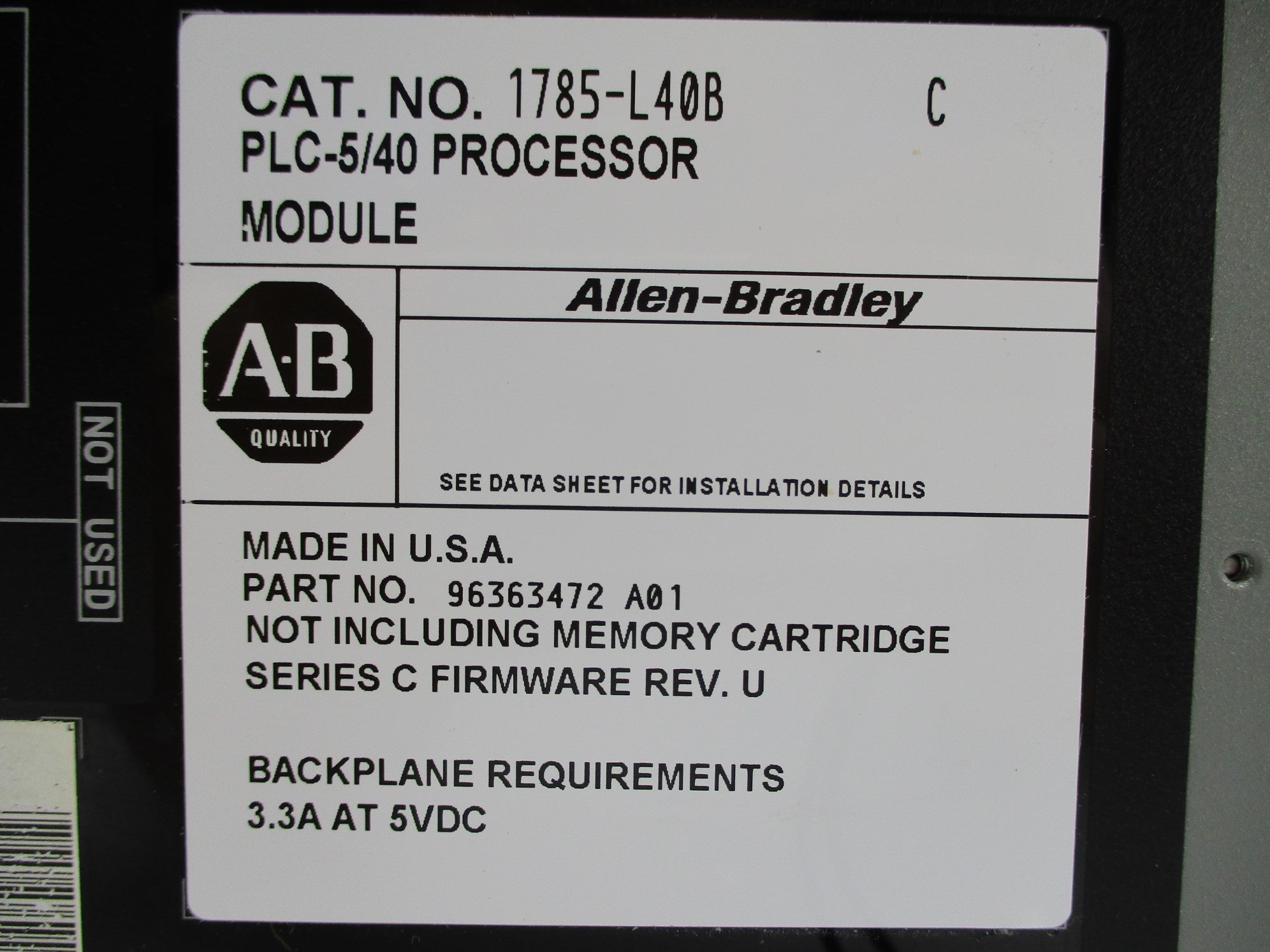ALLEN BRADLEY 1785-L40B SER. C F/W U UNMP