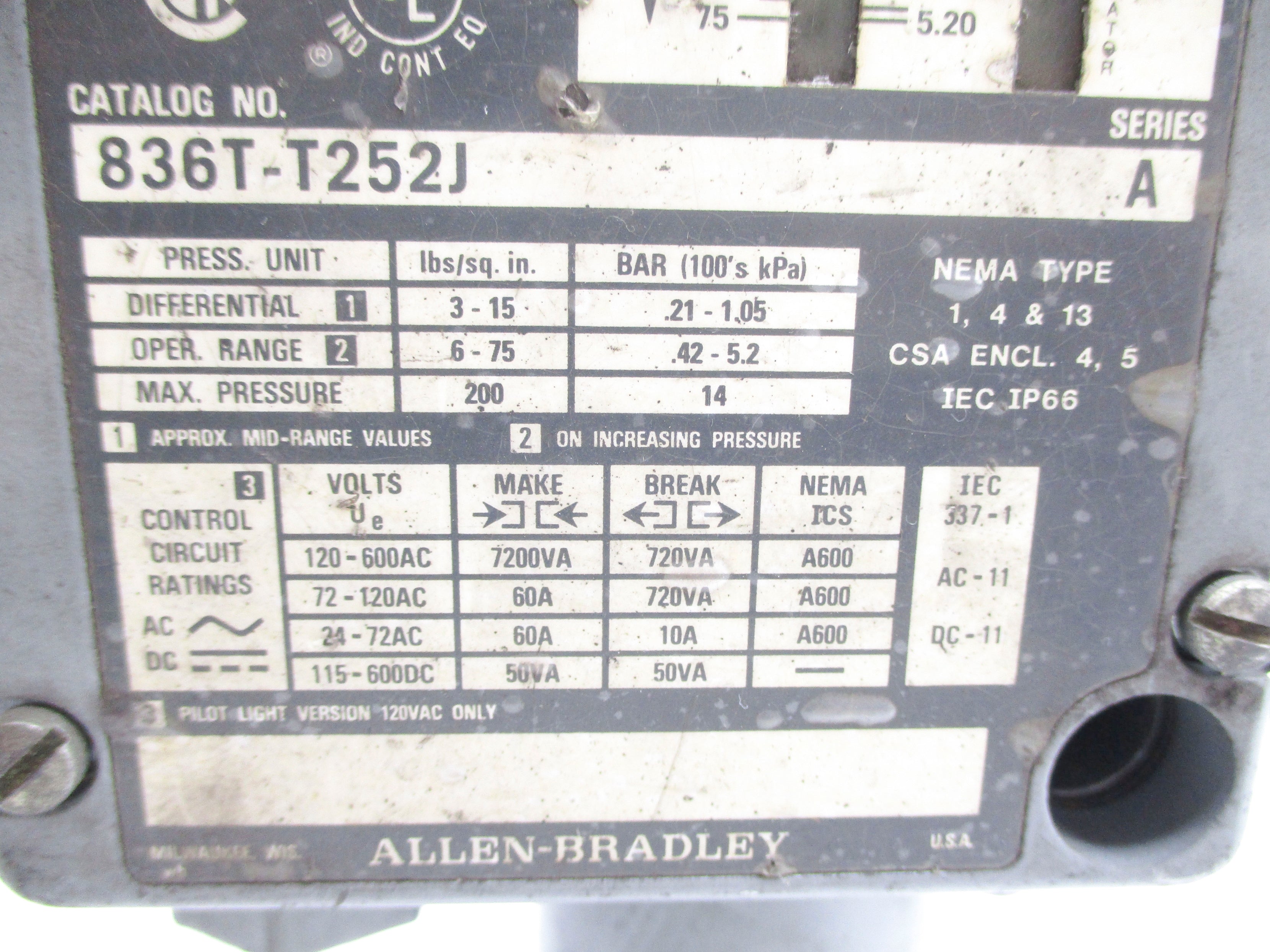 ALLEN BRADLEY 836T-T252J SER. A UNMP