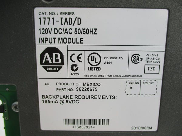 ALLEN BRADLEY 1771-IAD SER. D 120VC/DC UNMP