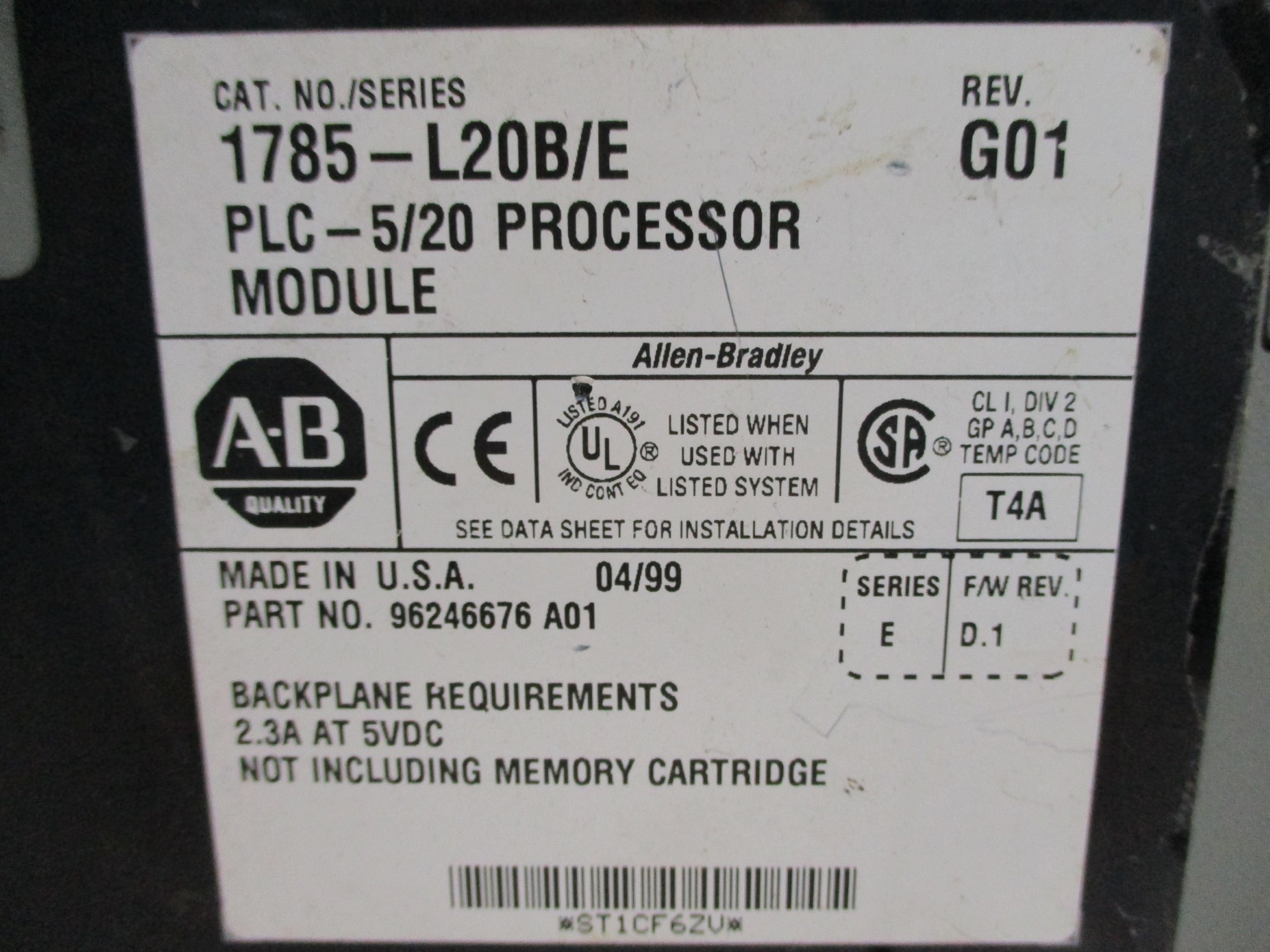 ALLEN BRADLEY 1785-L20B SER. E F/W D.1 (NO KEY) UNMP
