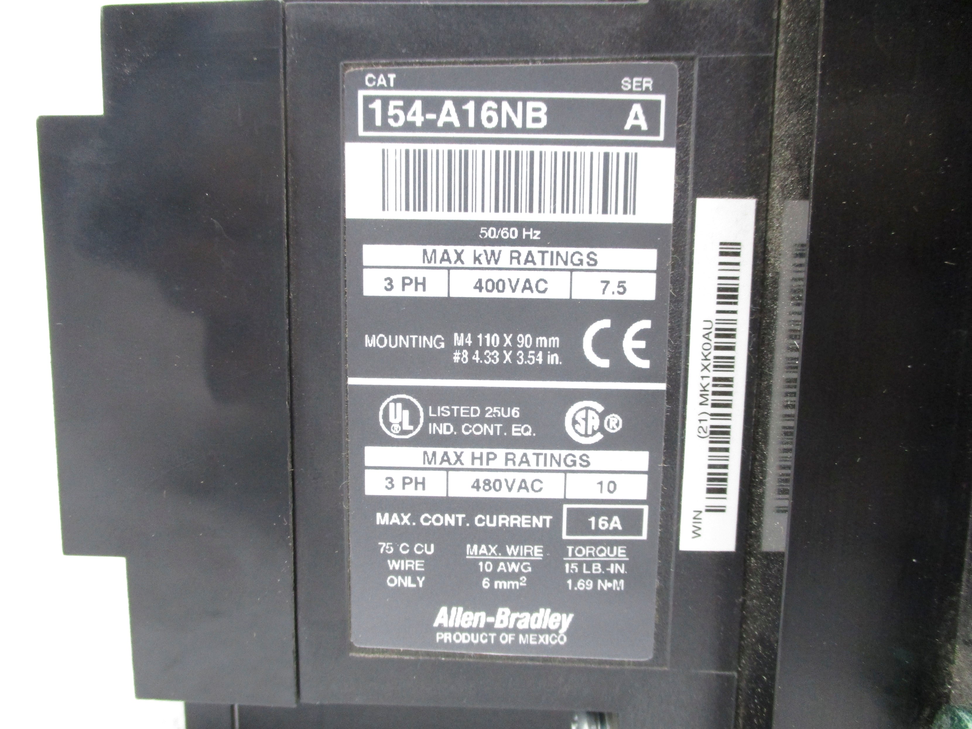 ALLEN BRADLEY 154-A16NB SER. A 480VAC 16A UNMP
