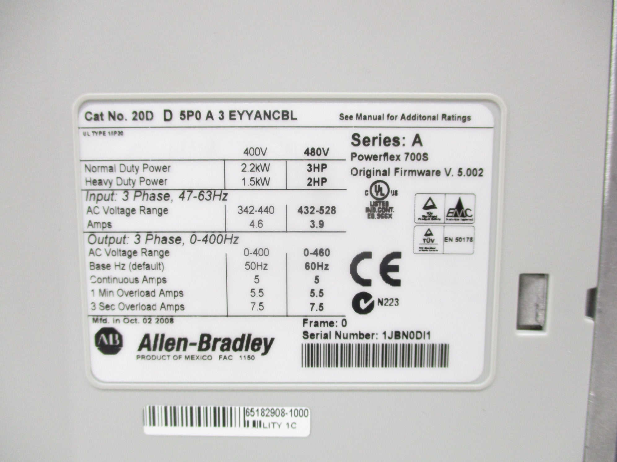 ALLEN BRADLEY 20DD5P0A3EYYANCBL SER. A F/W 5.002 UNMP