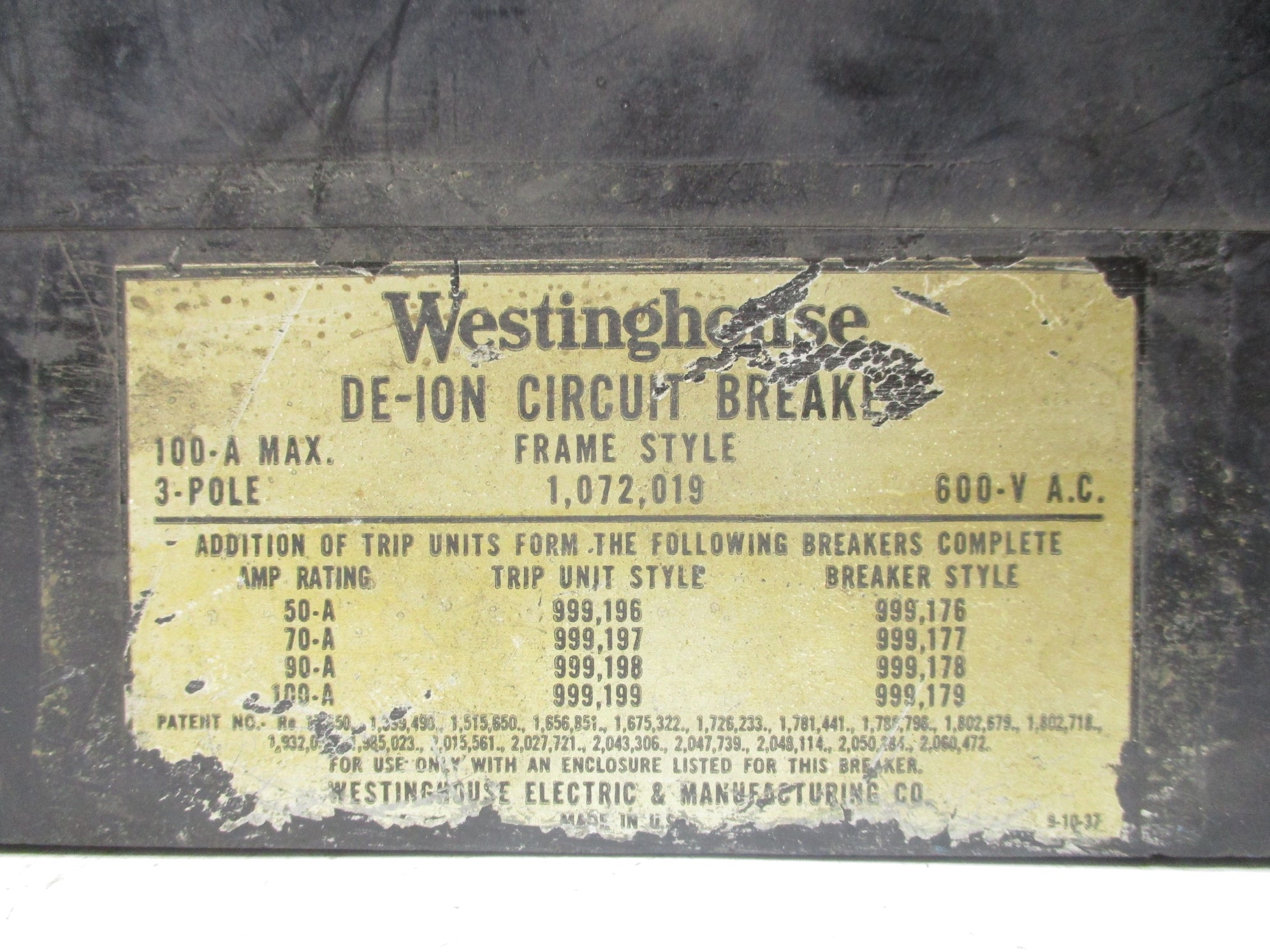 WESTINGHOUSE 1072019 100A 600VAC (AS PICTURED) UNMP