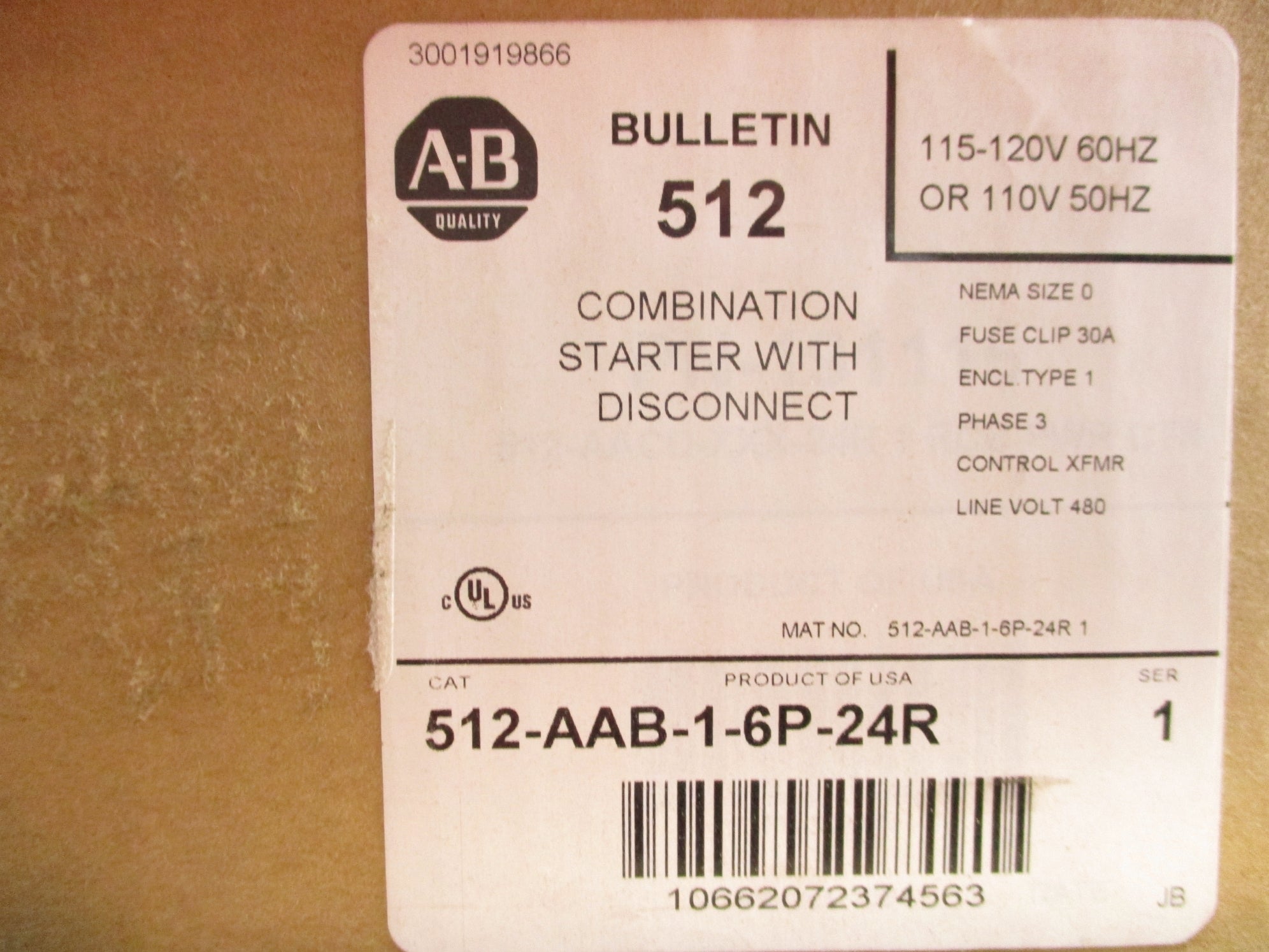 INDUSTRIAL SPARE PART 512-AAB-1-6P-24R SER. 1 (BR/WH) NSFS