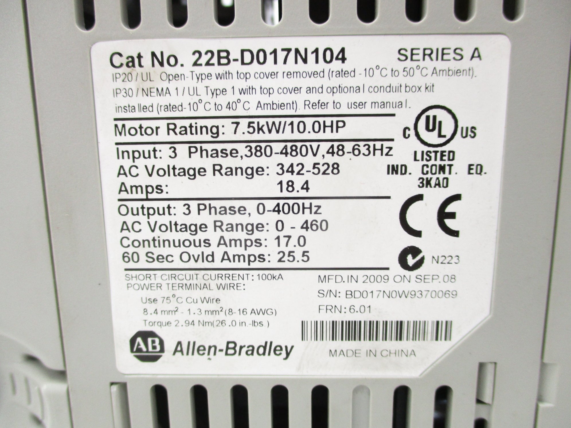 ALLEN BRADLEY 22B-D017N104 SER. A F/W 6.01 UNMP