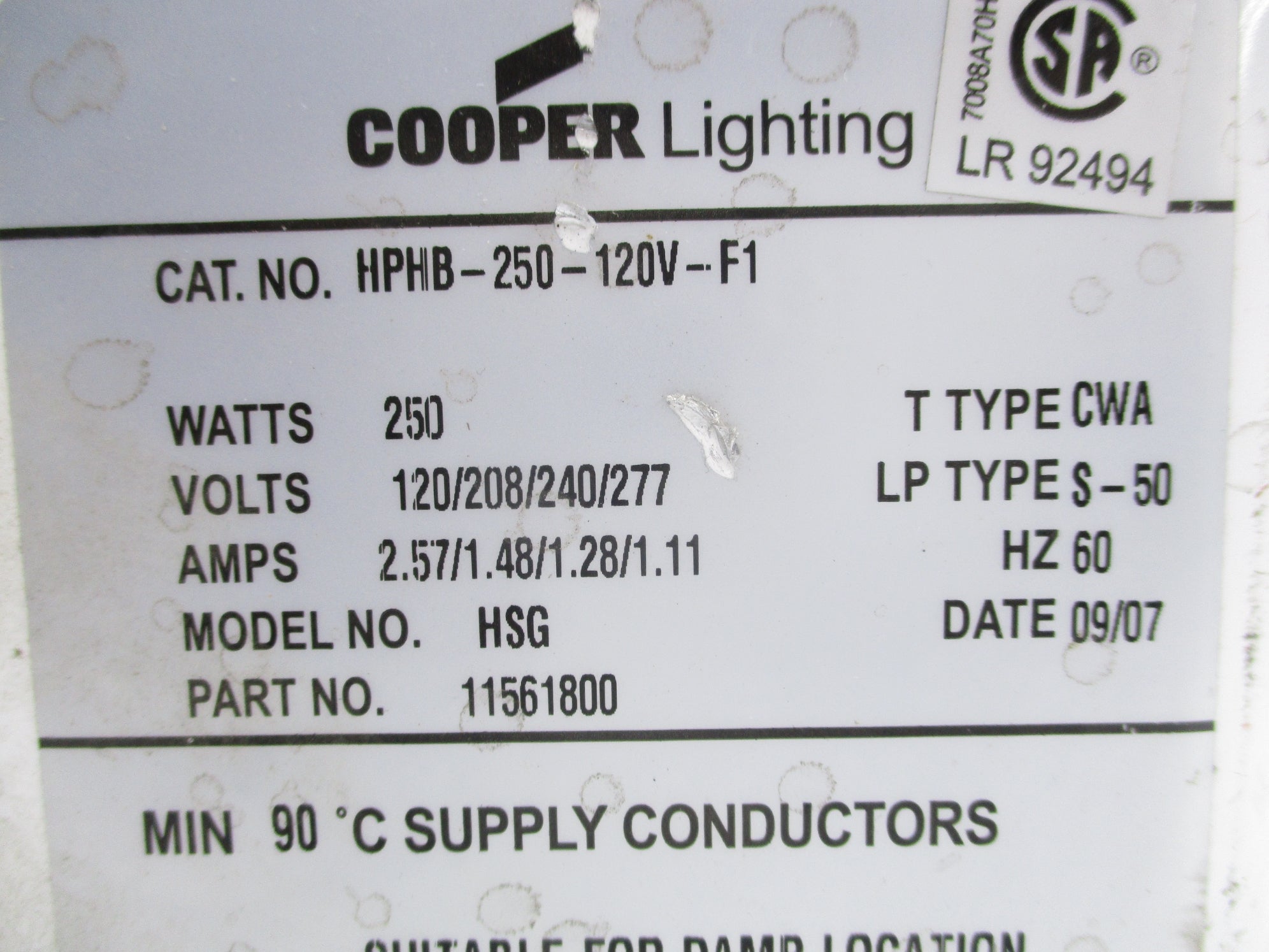 COOPER LIGHTING HPHB-250-120V-F1 UNMP