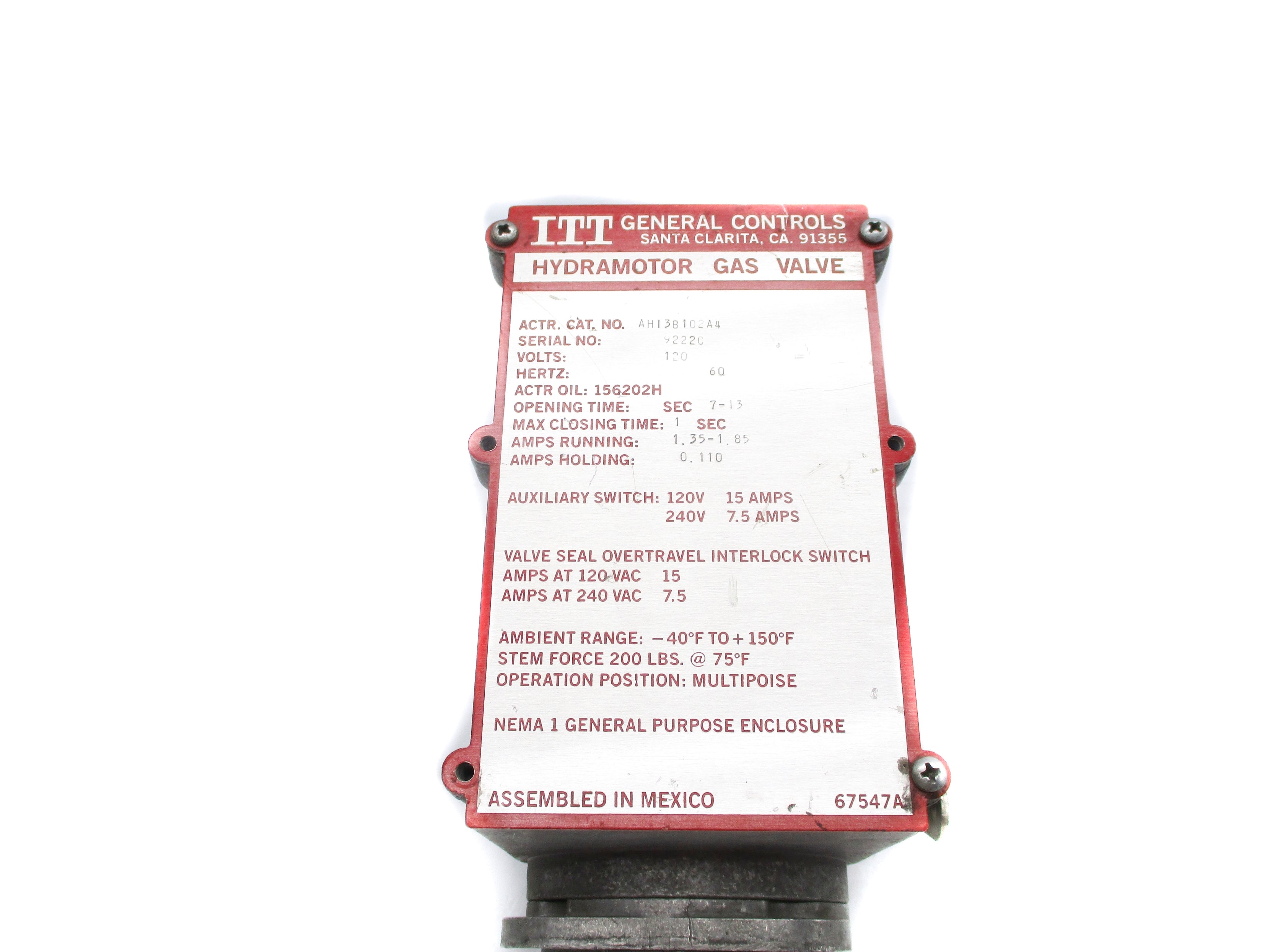 ITT GENERAL CONTROLS AH13B102A4 120V UNMP