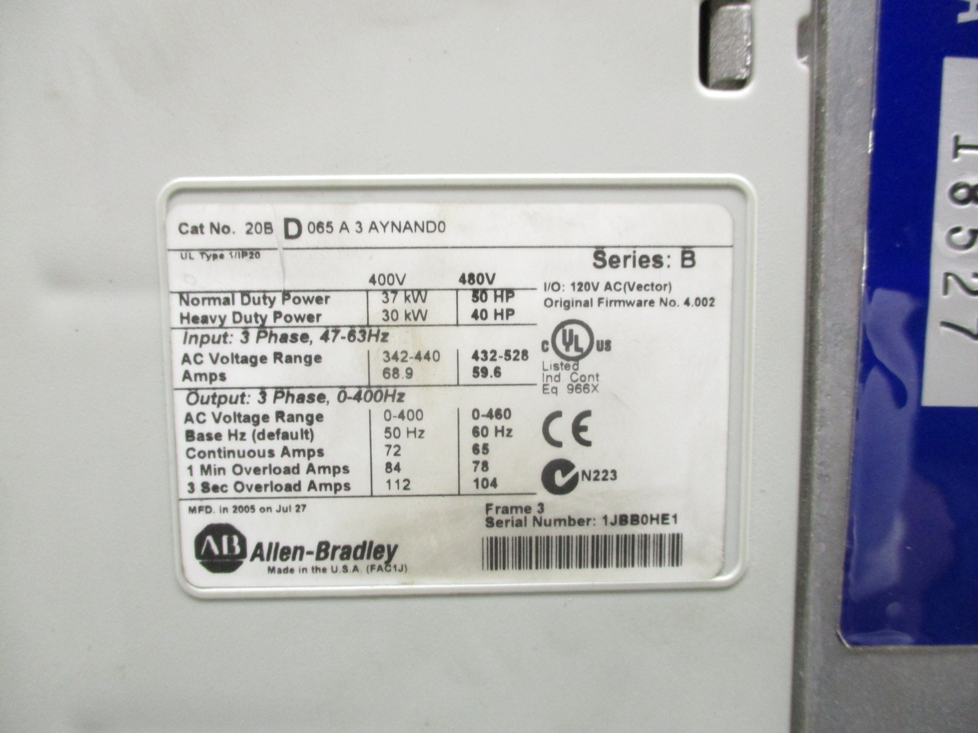 ALLEN BRADLEY 20BD065A3AYNAND0 SER. B F/W 4.002 UNMP