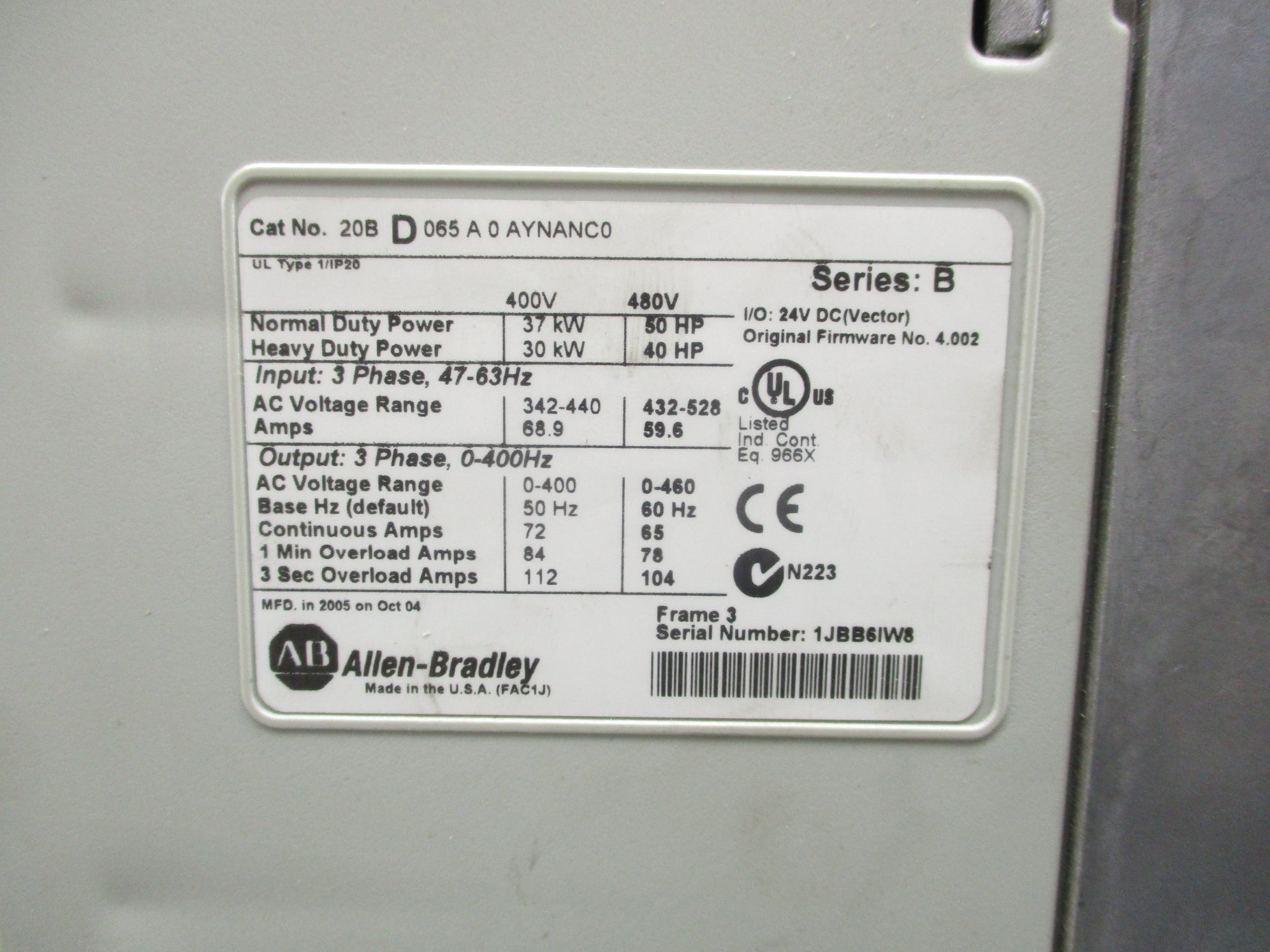 ALLEN BRADLEY 20BD065A0AYNANC0 SER. B F/W 4.002 UNMP
