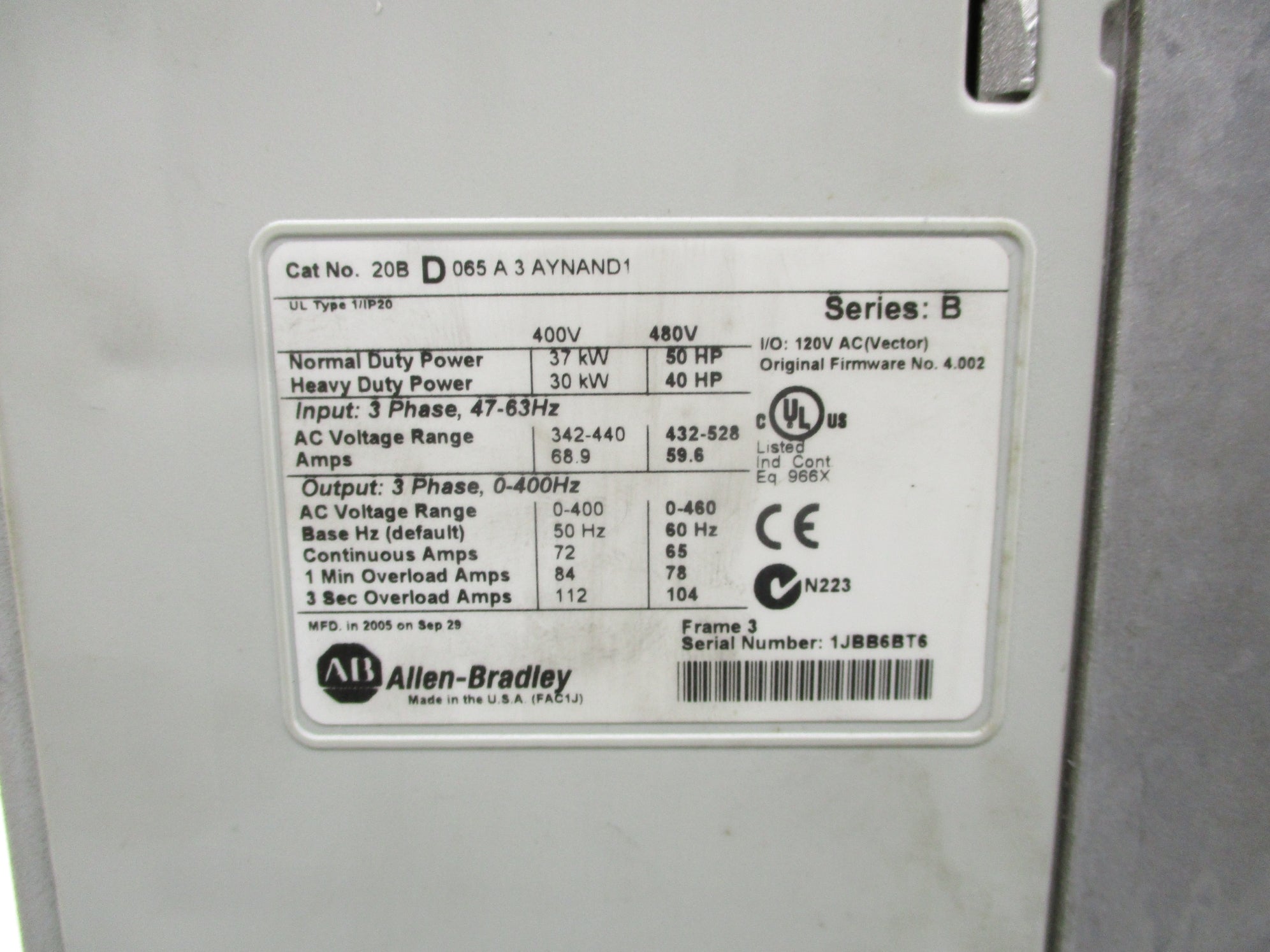INDUSTRIAL SPARE PART 20BD065A3AYNAND1 SER. B F/W 4.002 UNMP