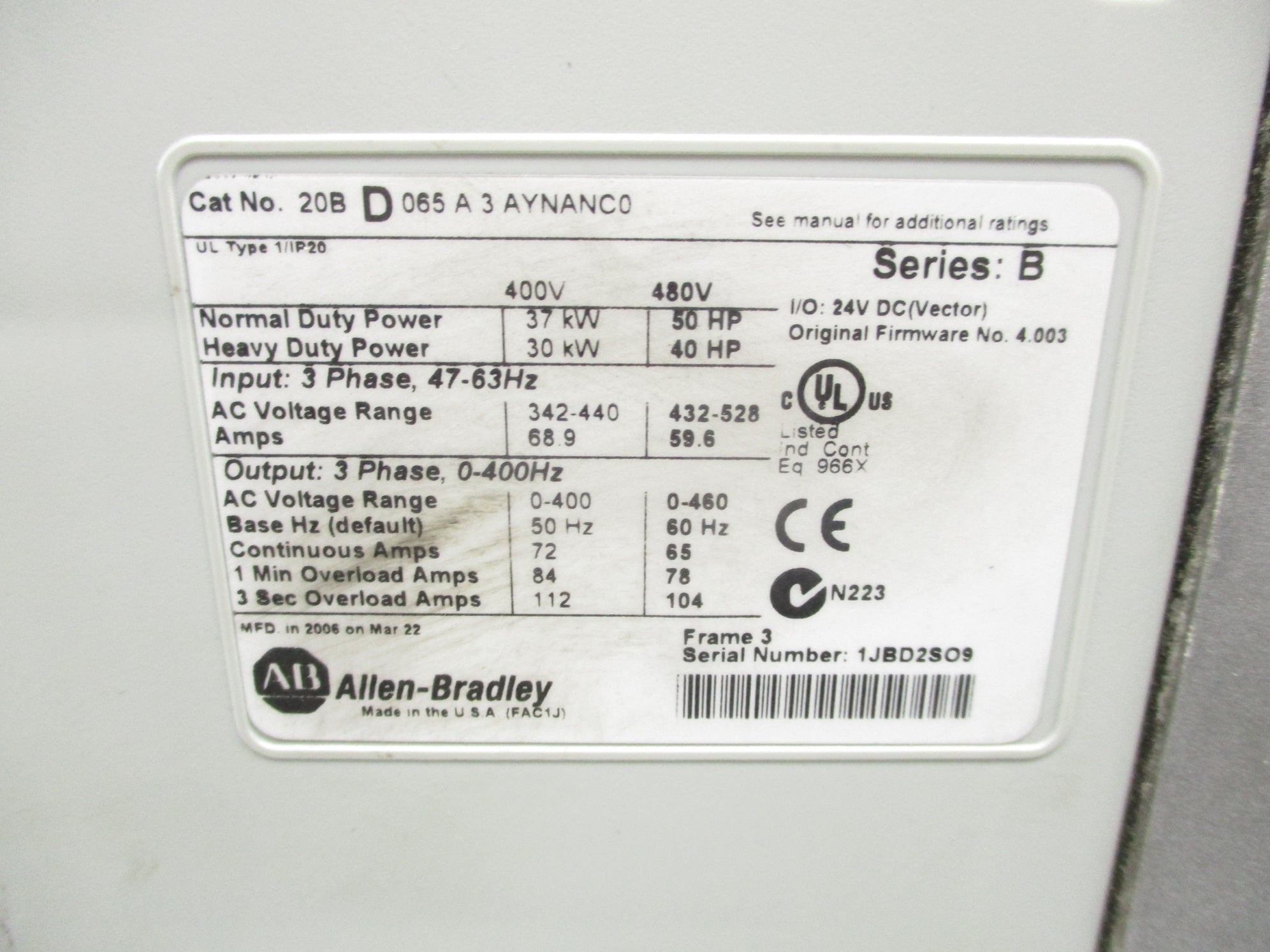 ALLEN BRADLEY 20BD065A3AYNANC0 SER. B F/W 4.003 (AS PICTURED) UNMP