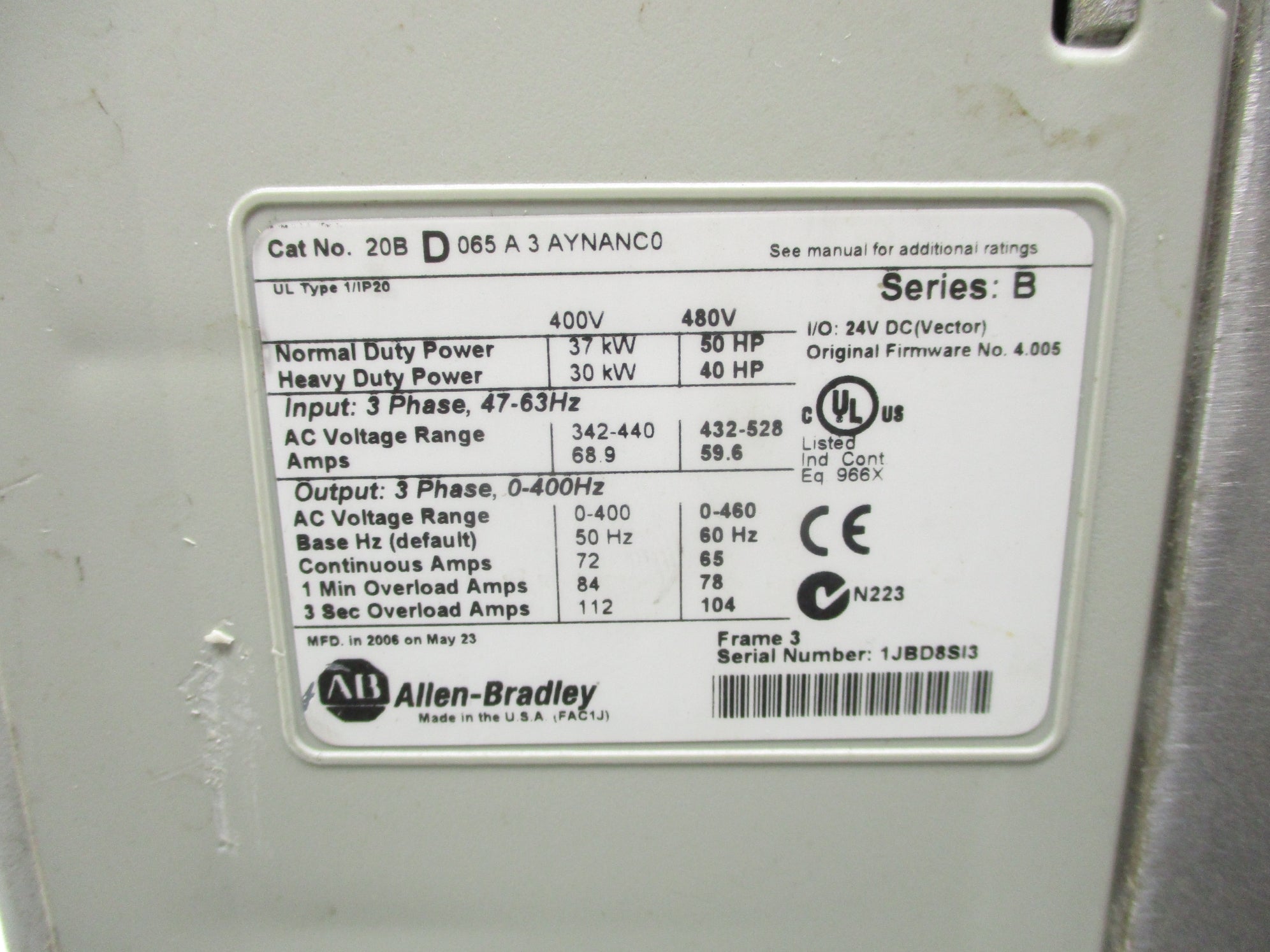 ALLEN BRADLEY 20BD065A3AYNANC0 SER. B F/W 4.005 UNMP