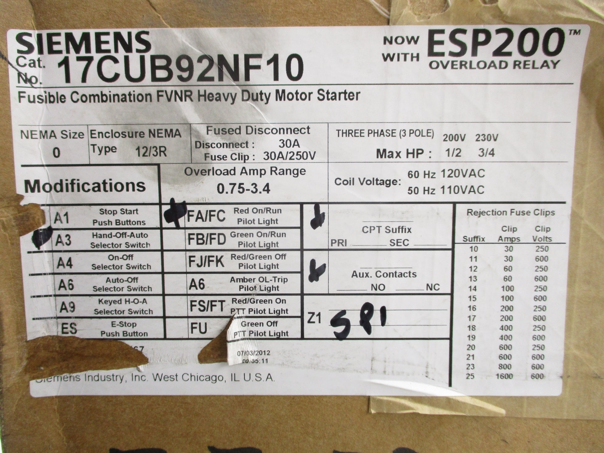 SIEMENS 17CUB92NF10 NSFS