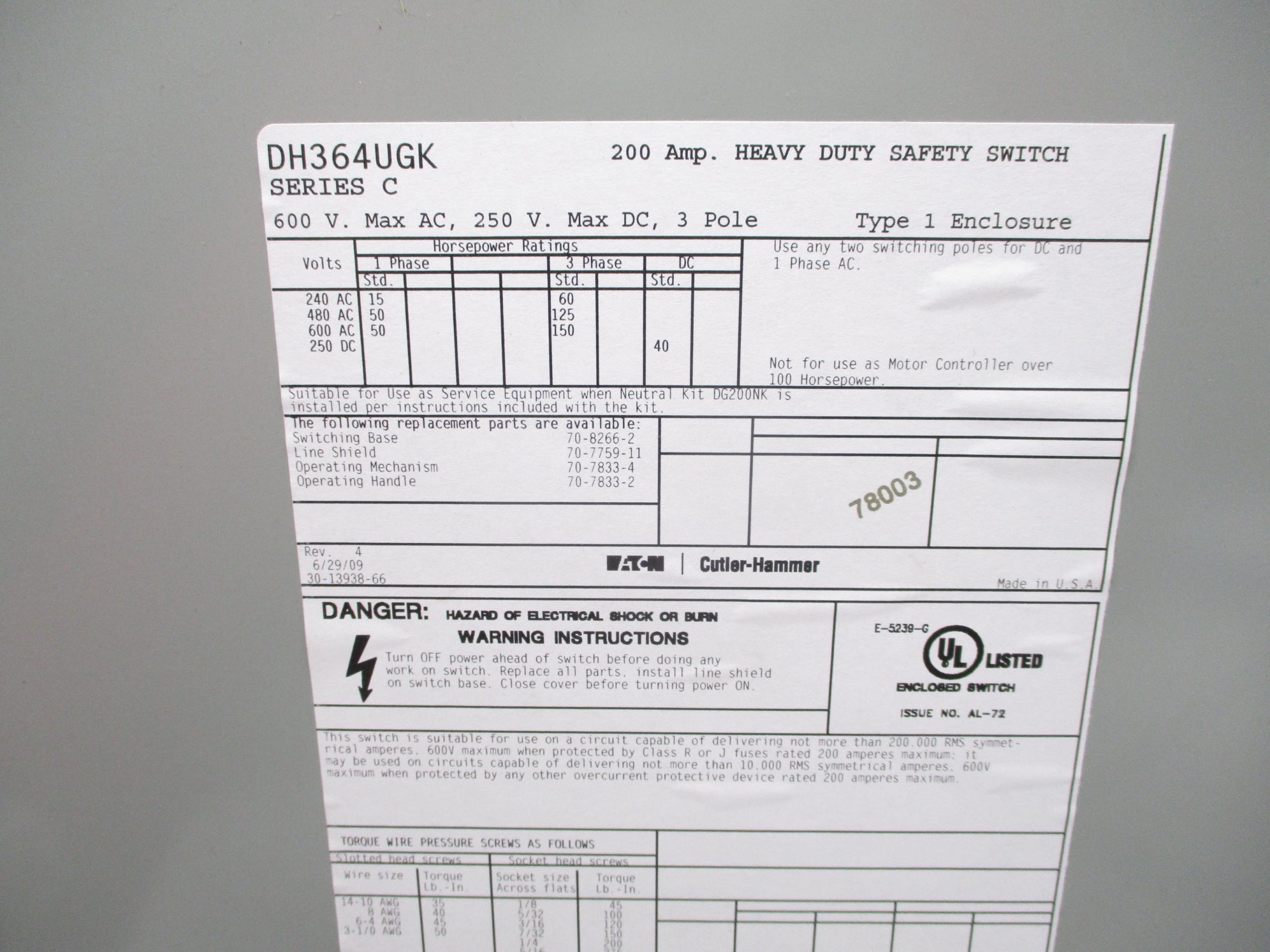 EATON DH364UGK SER. C NSNP