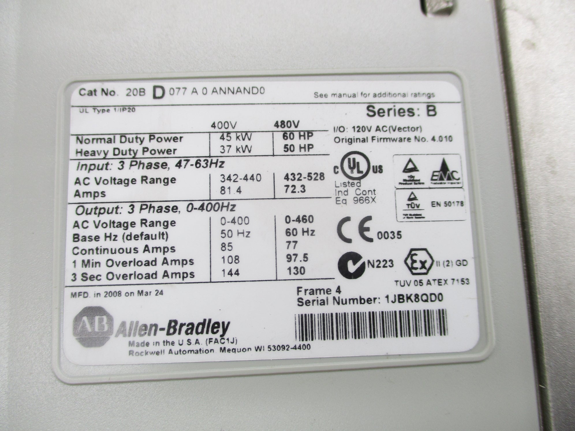 ALLEN BRADLEY 20BD077A0ANNAND0 SER. B F/W 4.010 NSNP