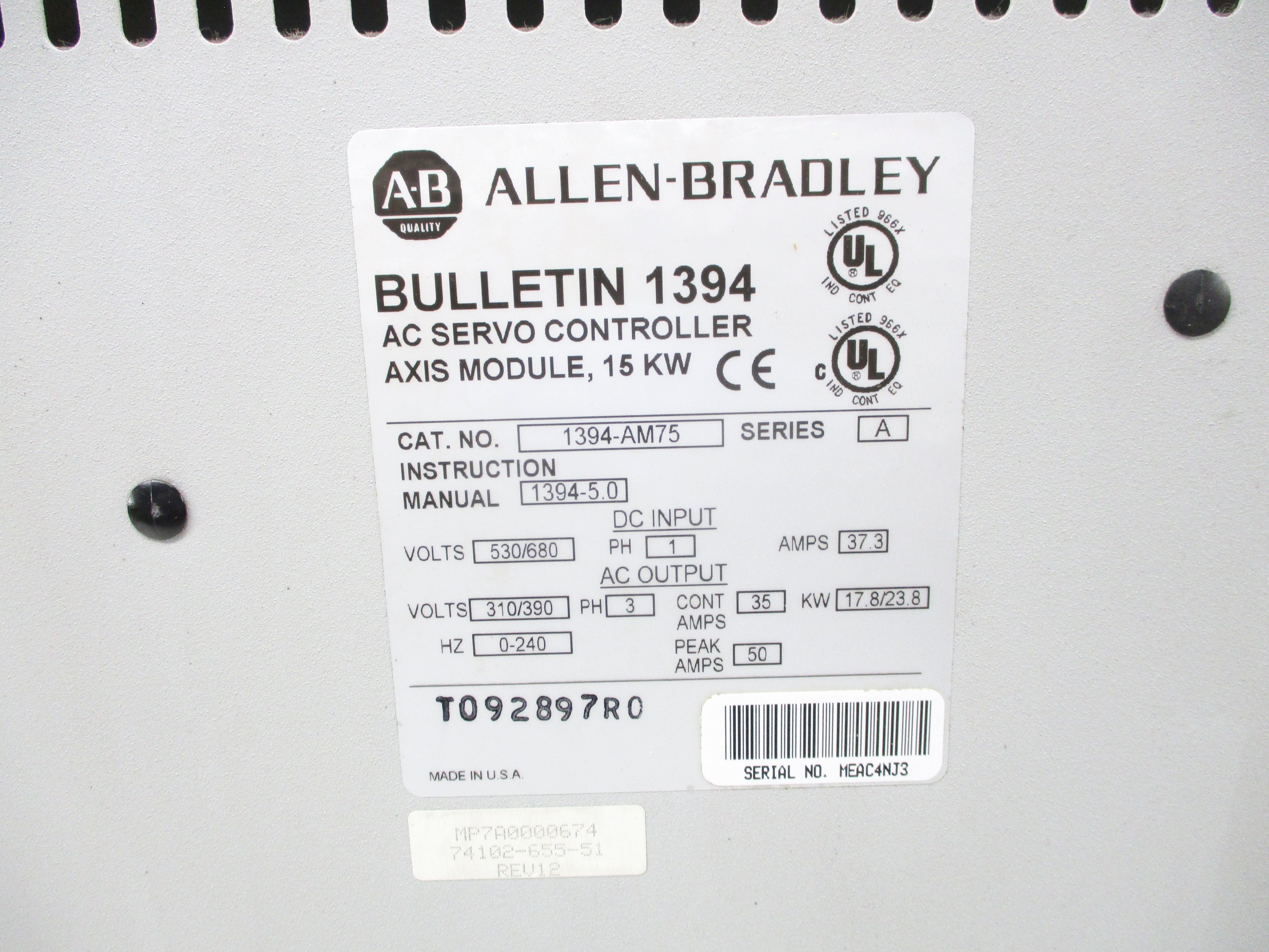 ALLEN BRADLEY 1394-AM75 SER. A UNMP
