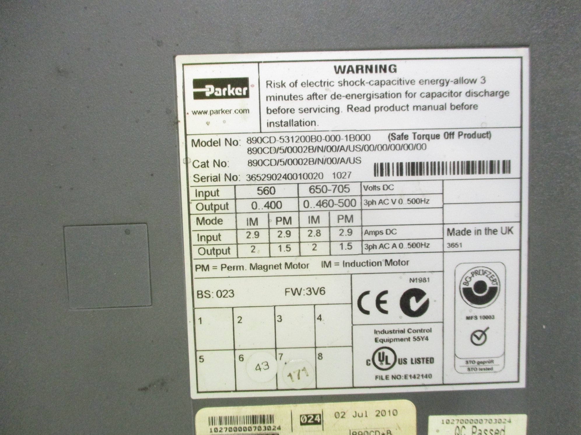 PARKER 890CD-531200B00-000-1B00 UNMP