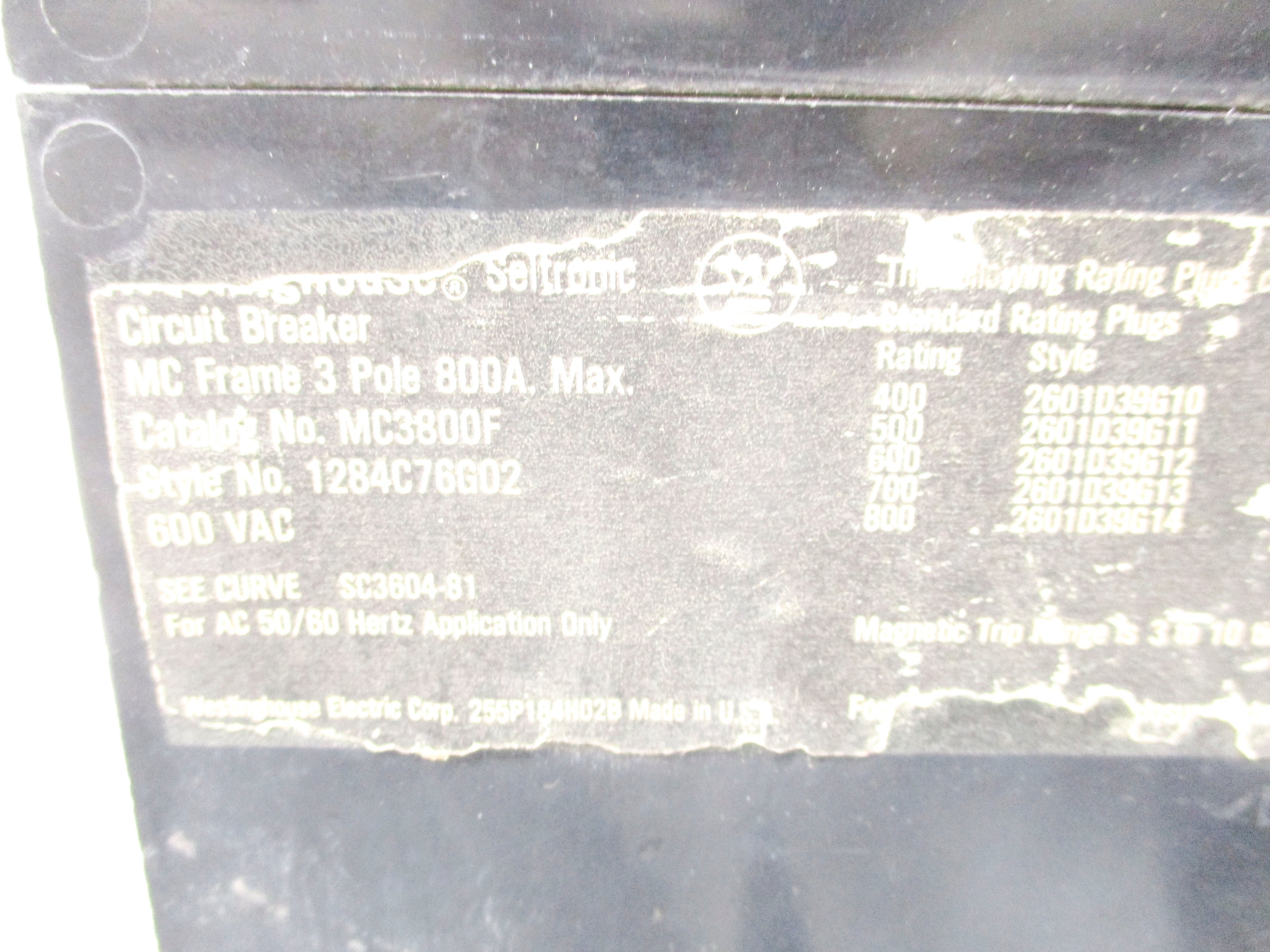WESTINGHOUSE MC3800 800A 600VAC NSNP