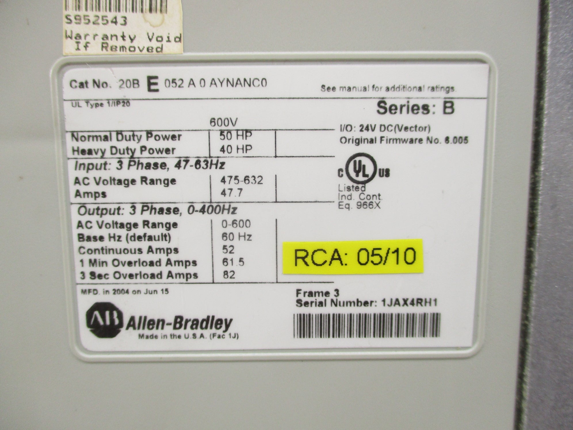 ALLEN BRADLEY 20BE052A0AYNANC0 SER. B F/W 6.005 UNMP
